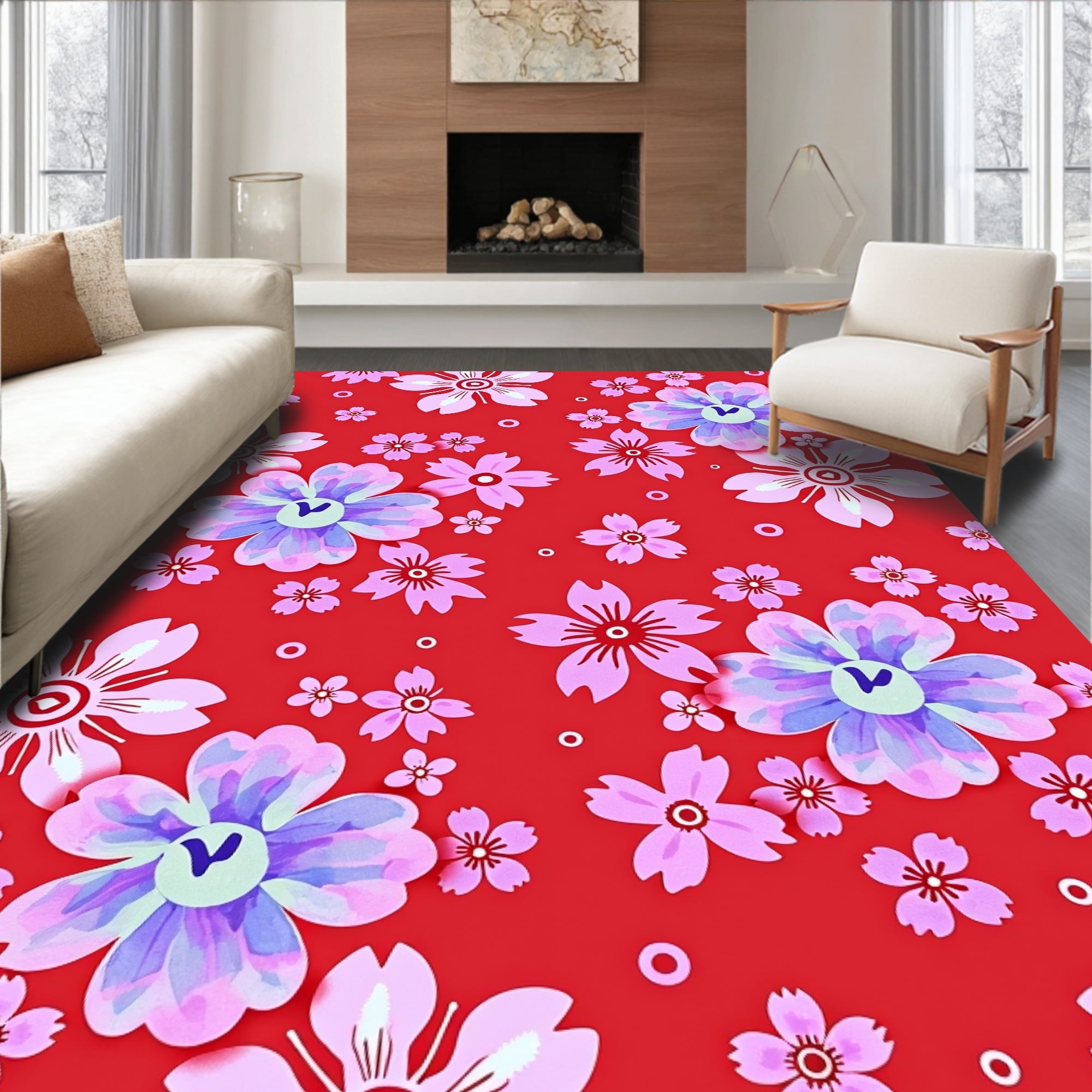 Crimson Cherry Blossom Garden Rug