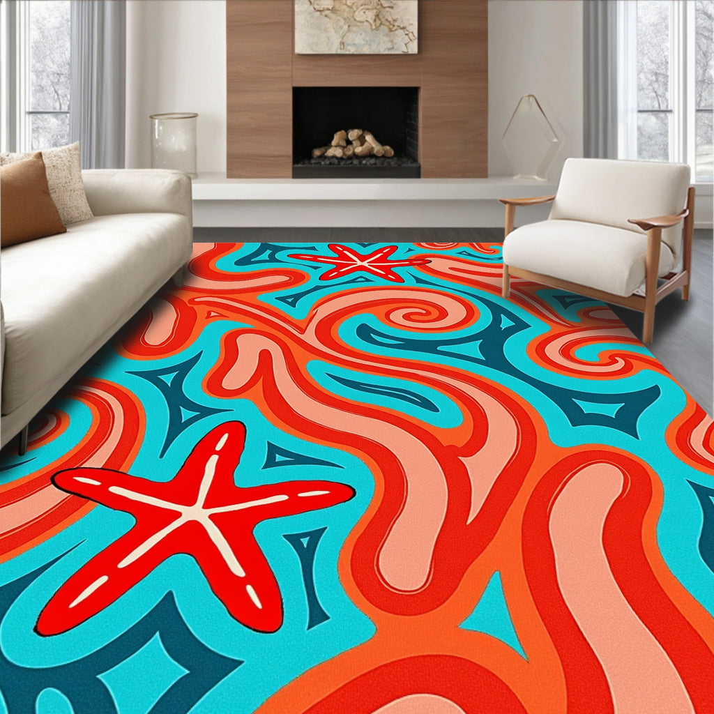 Retro Coral Starfish Swirls Rug