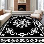 Black White Floral Medallion Frame Rug