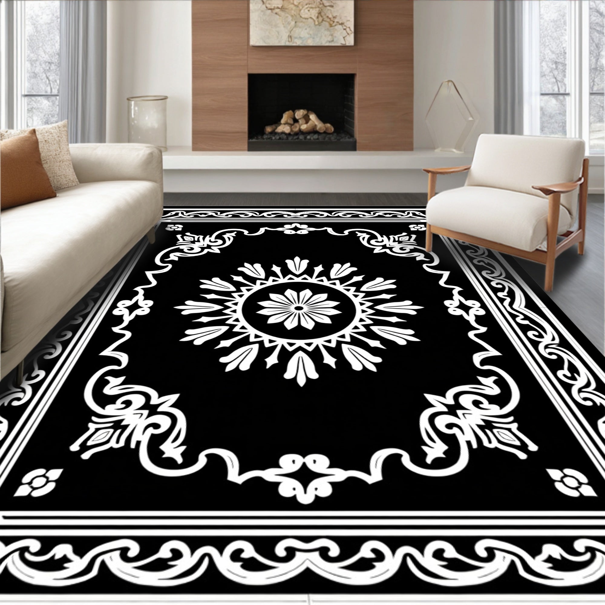 Black White Floral Medallion Frame Rug