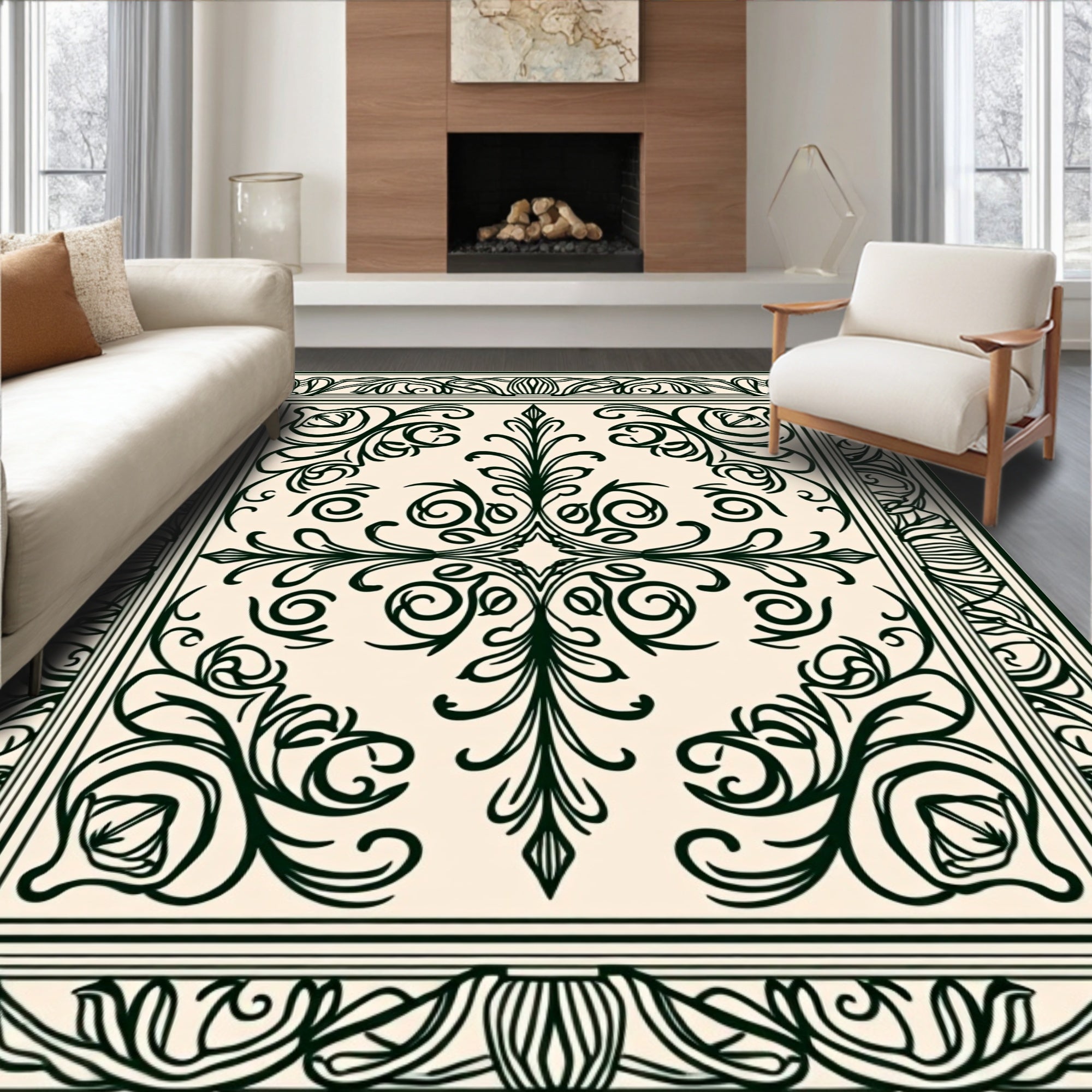 Cream Green Classic Floral Medallion Rug