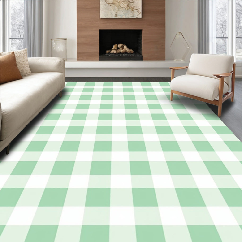 Light Green White Gingham Checkered Rug