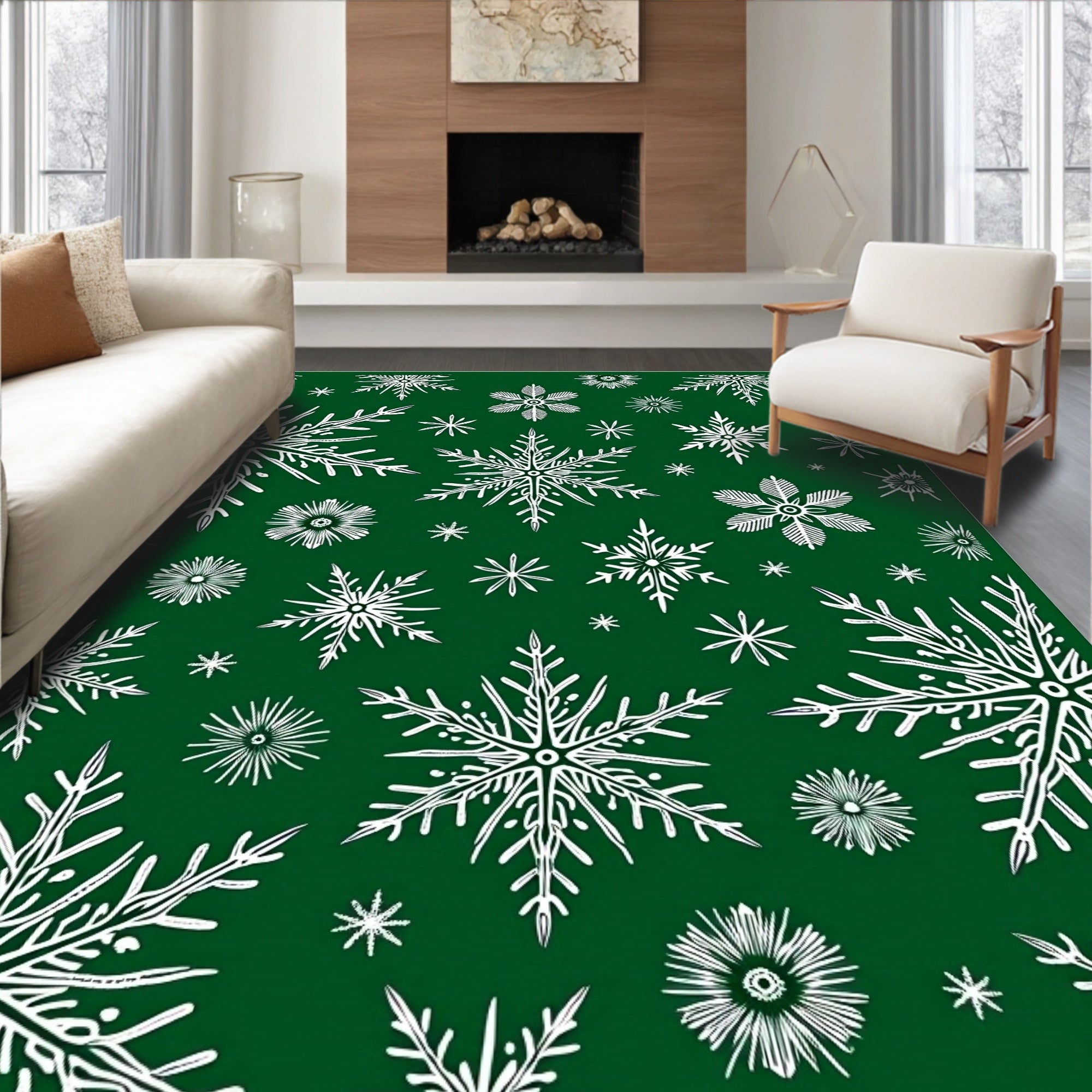 White Snowflake Garland On Forest Green Rug