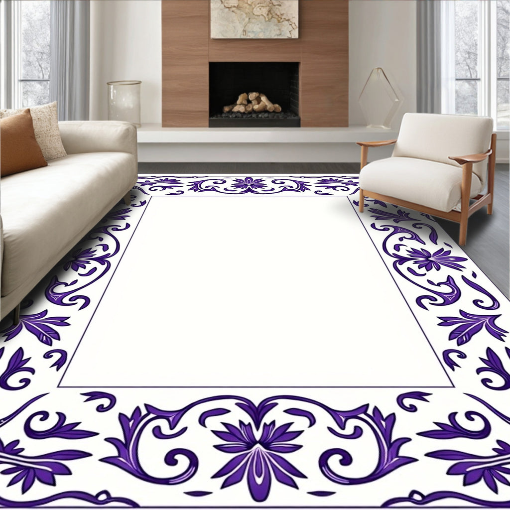 Vivid Purple Floral Scroll Border Rug