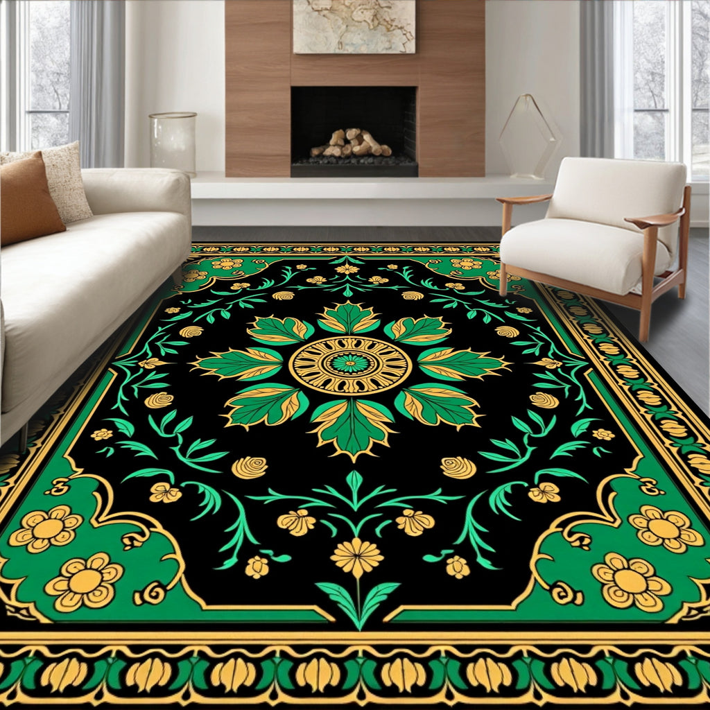 Ornate Emerald Golden Floral Medallion Rug