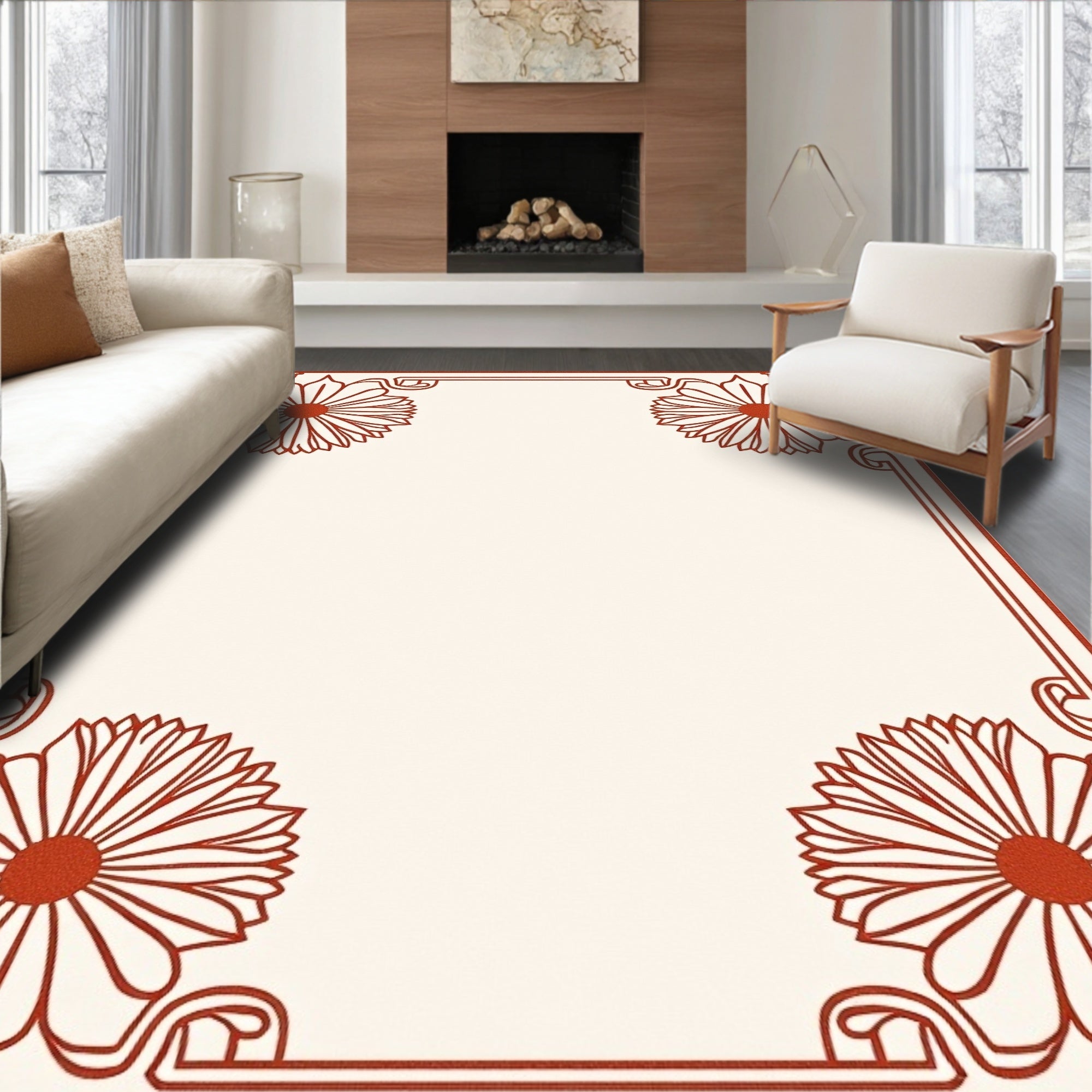 Terracotta Floral Frame Cream Rug