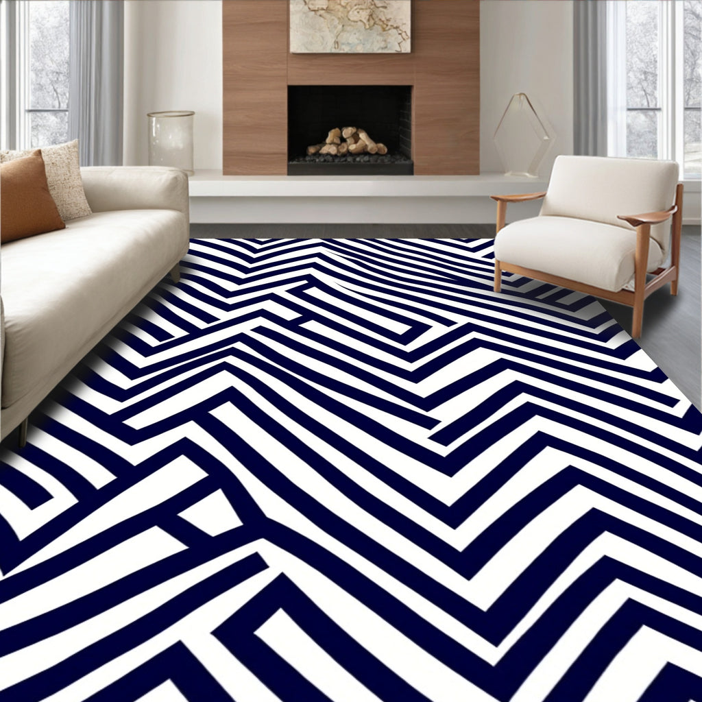Navy White Angular Maze Rug