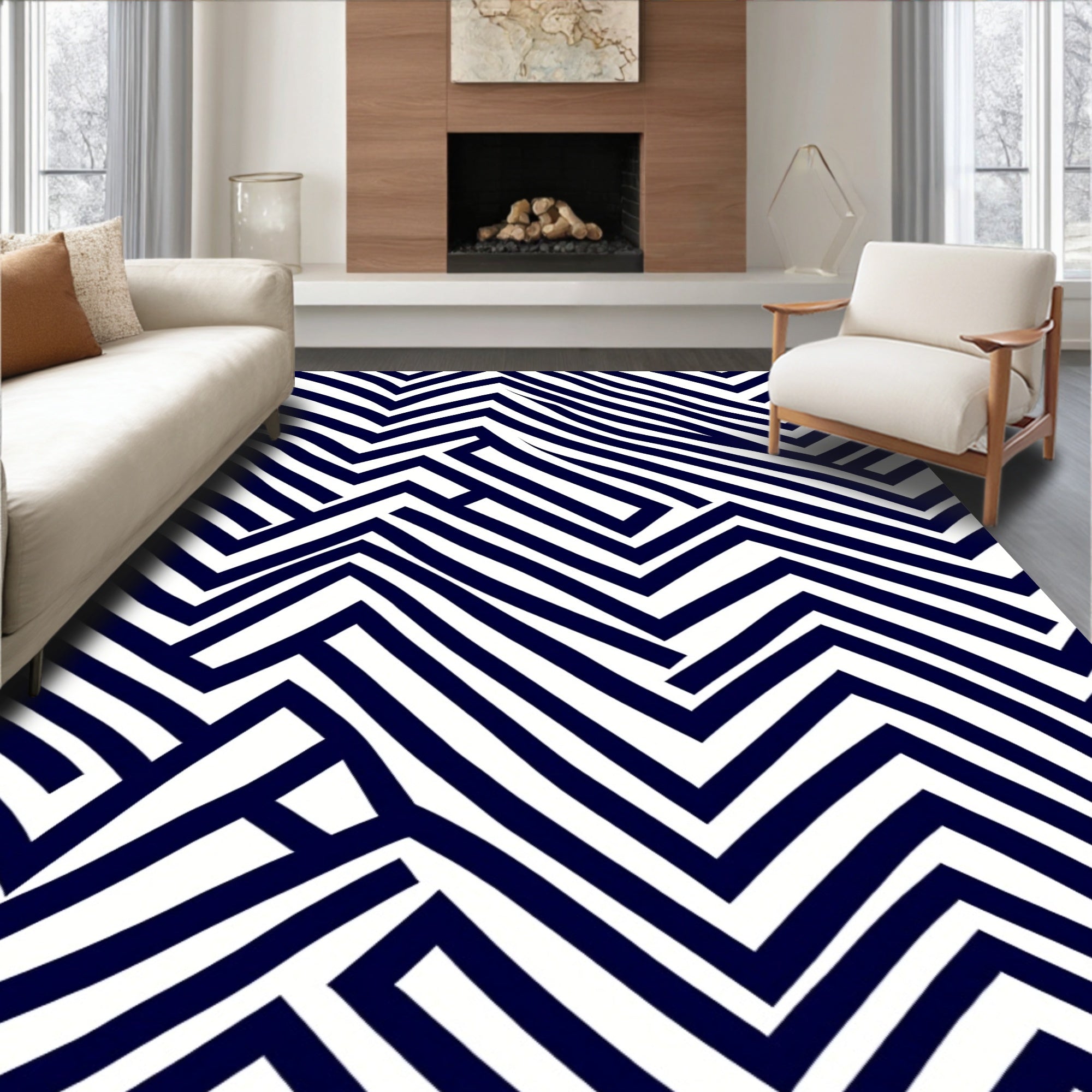 Navy White Angular Maze Rug
