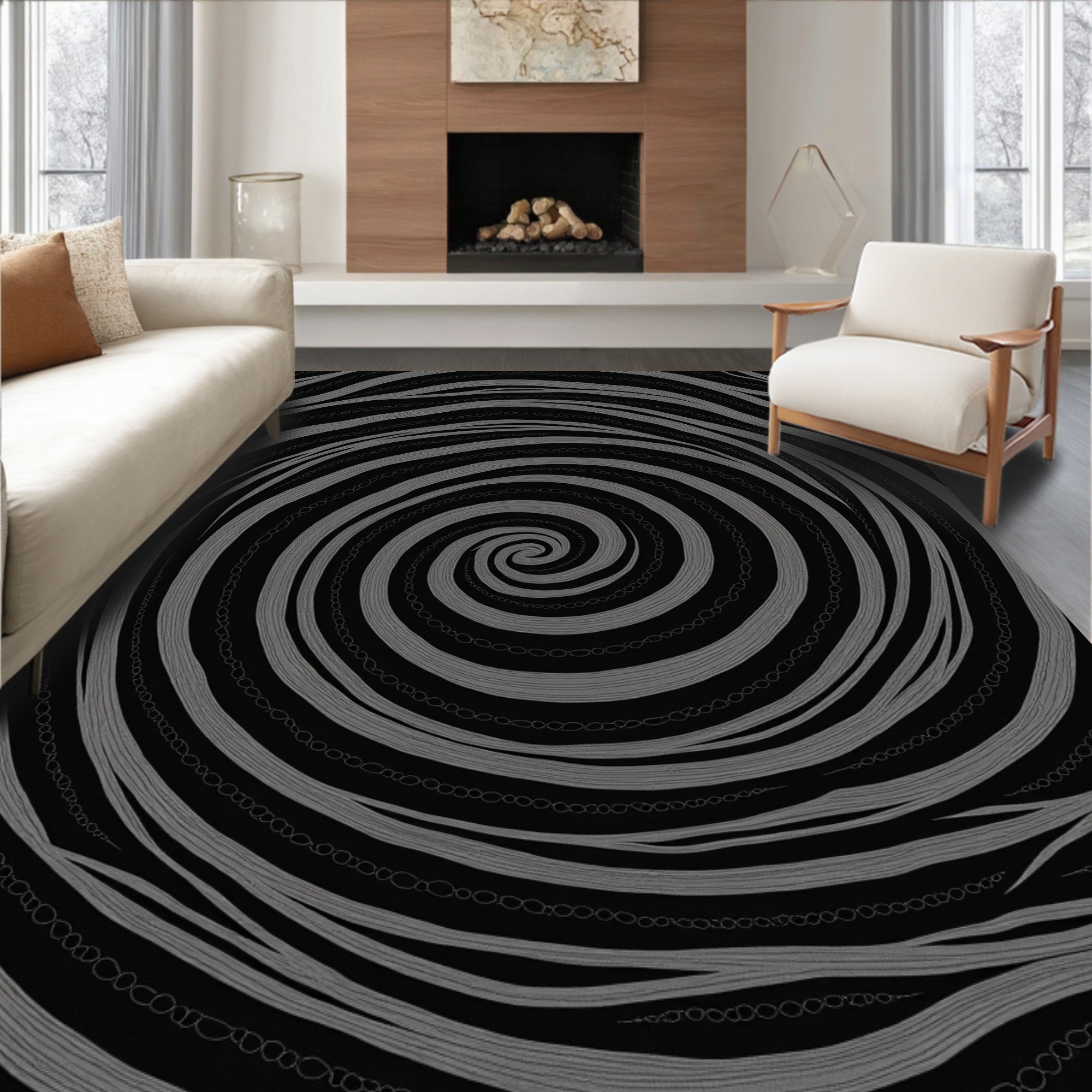 Deep Gray Swirling Chain Effect Rug