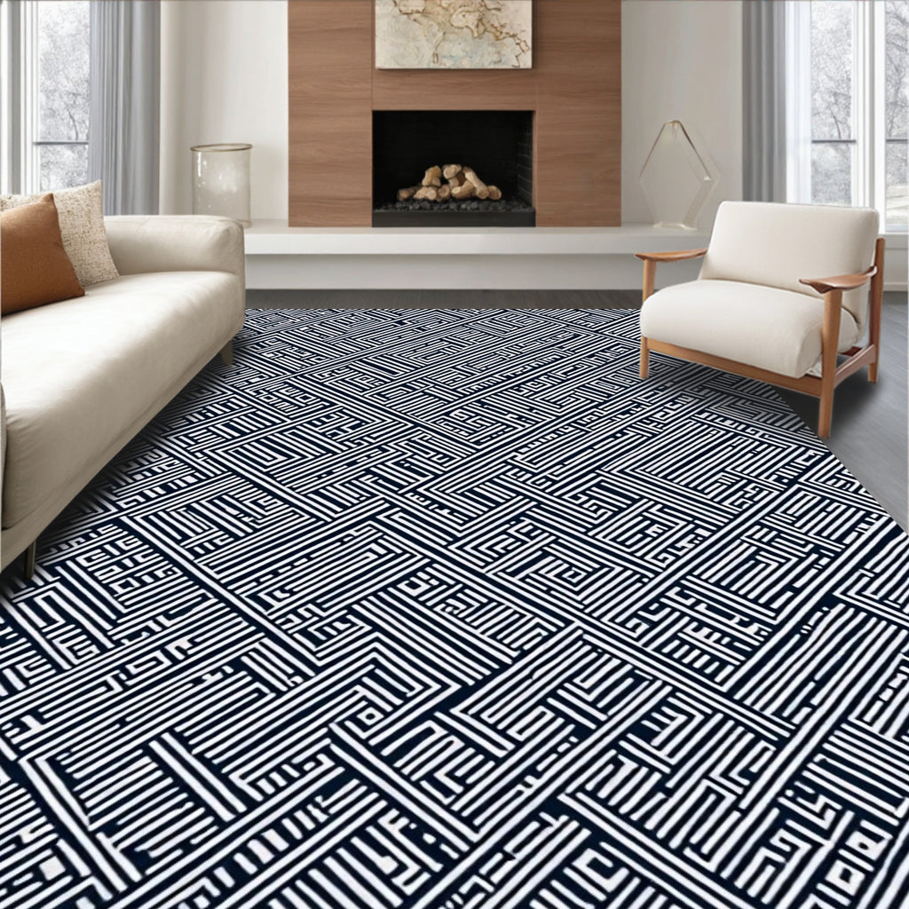 Monochrome Maze Line Art Rug