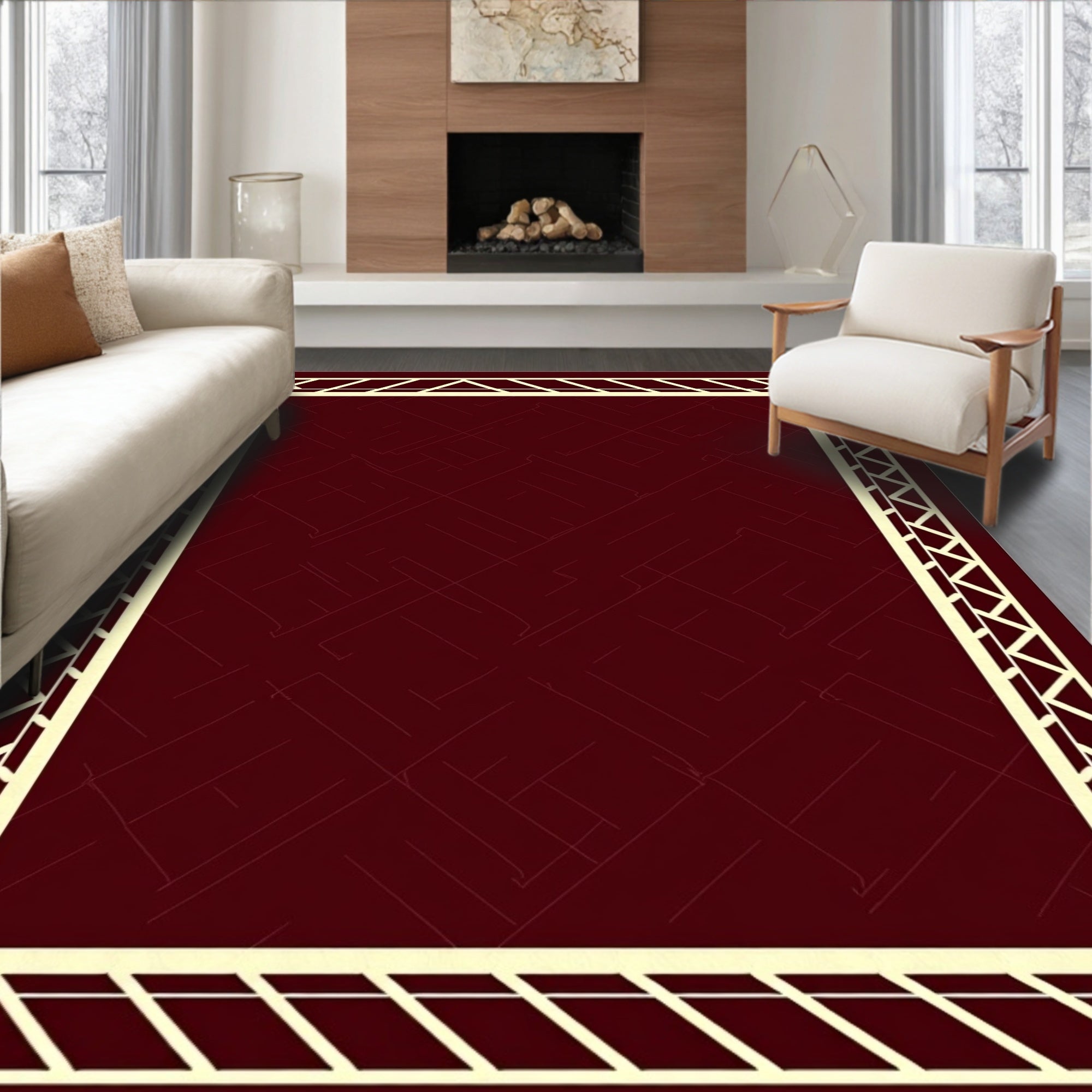Deep Red Intersecting Lines Border Rug