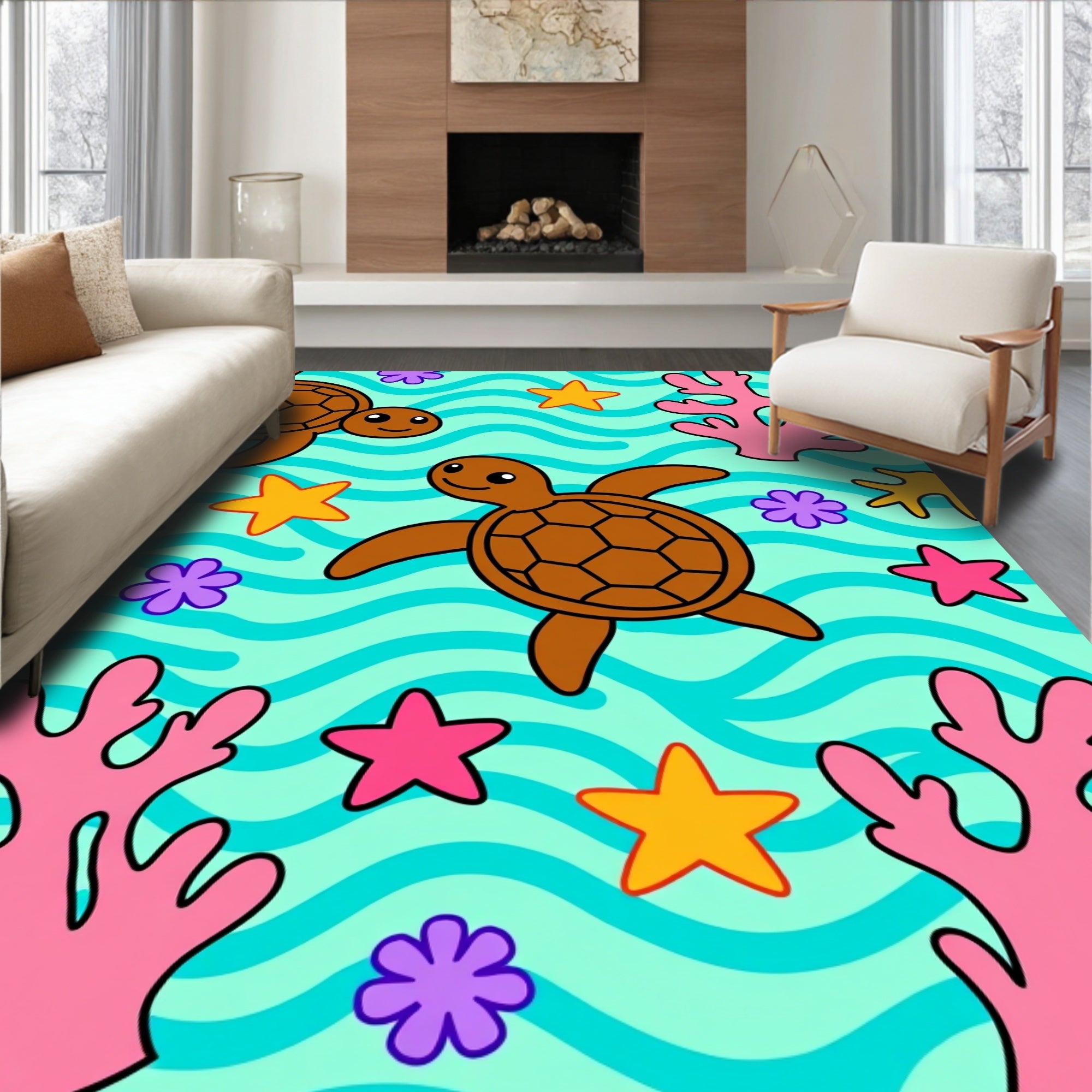 Playful Sea Turtles Coral Stars Rug