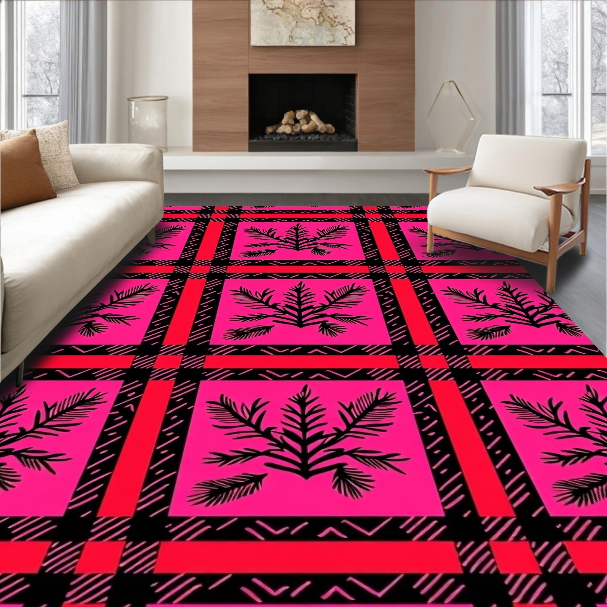 Vibrant Pink Black Floral Plaid Rug