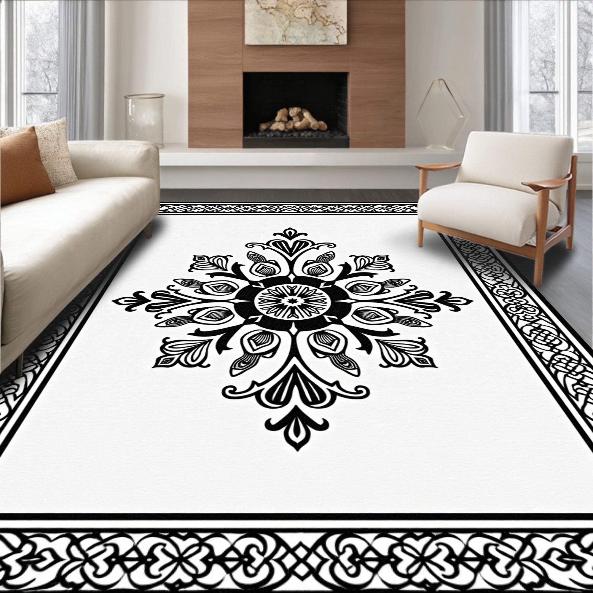 Monochromatic Black Inlaid Floral Medallion Rug