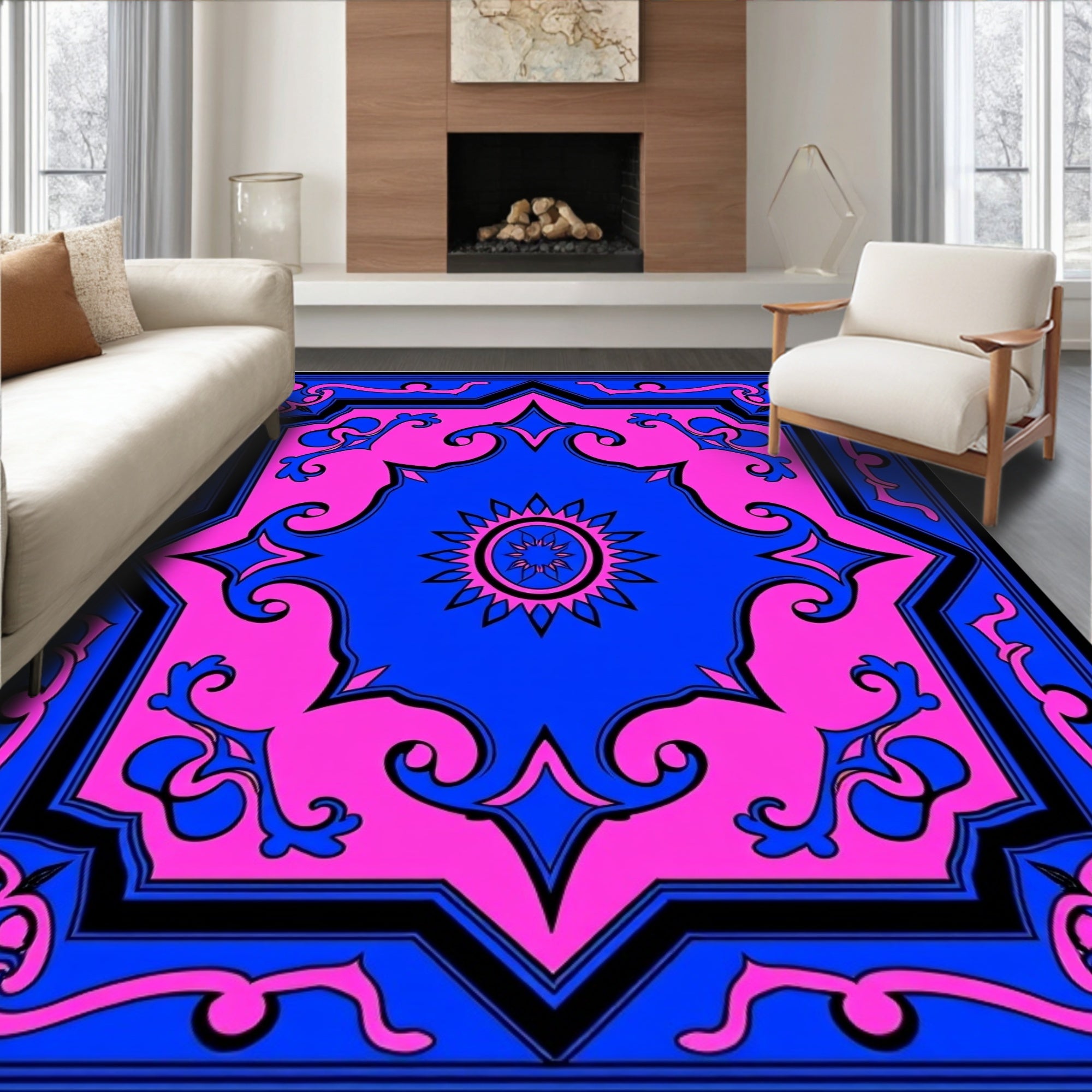 Vibrant Pink Blue Geometric Starburst Rug