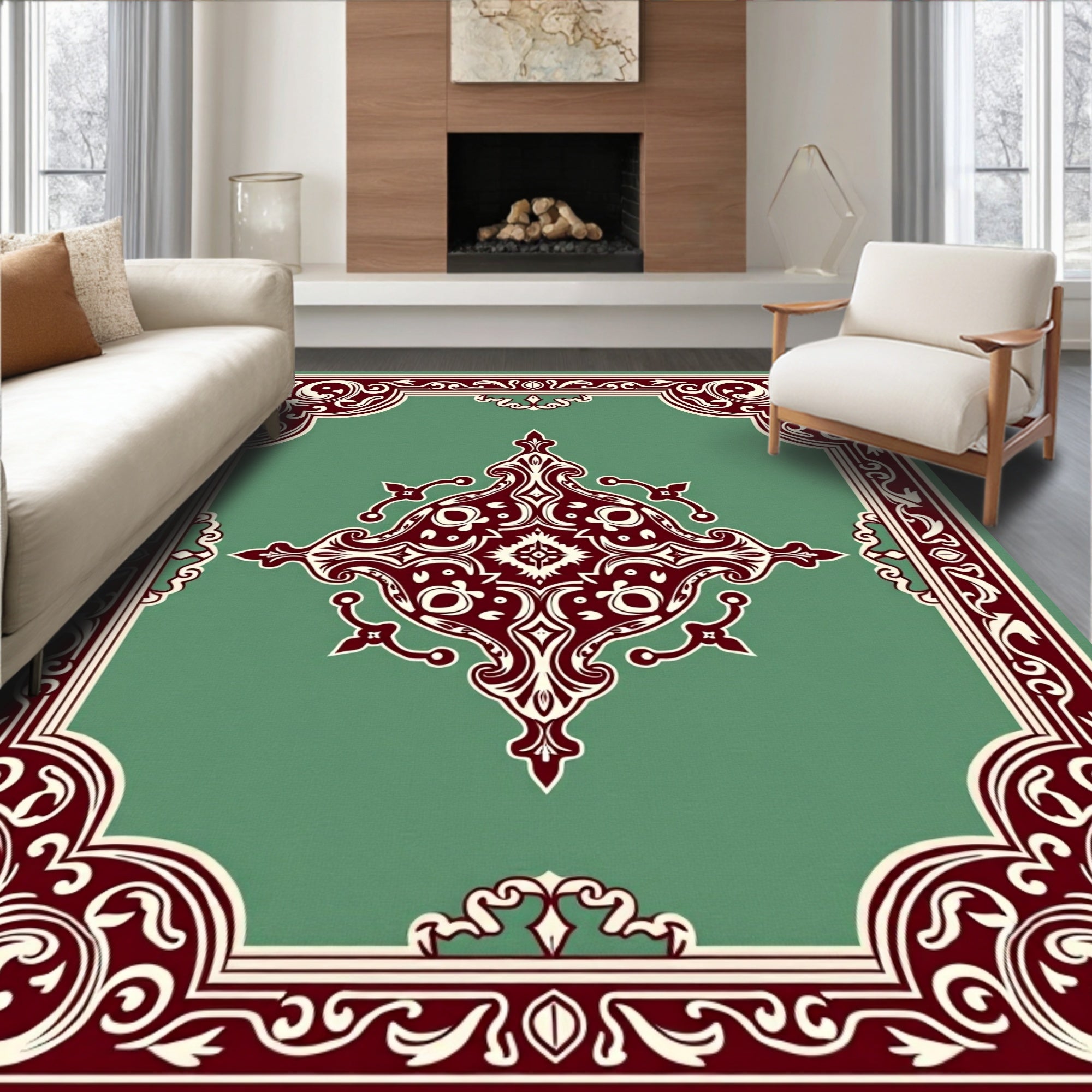 Deep Red Ivory Floral Border Rug