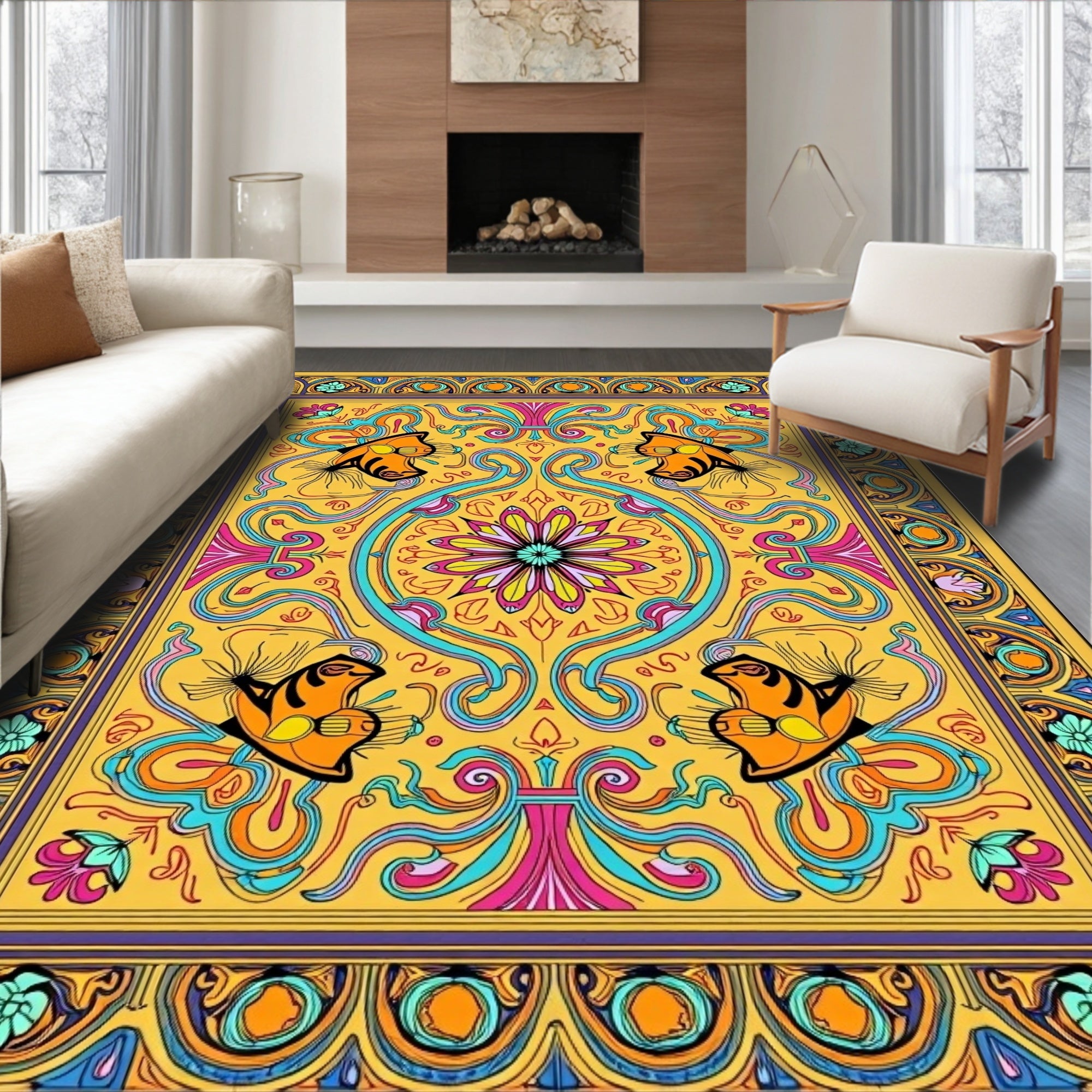 Vibrant Golden Fish Floral Medallion Rug