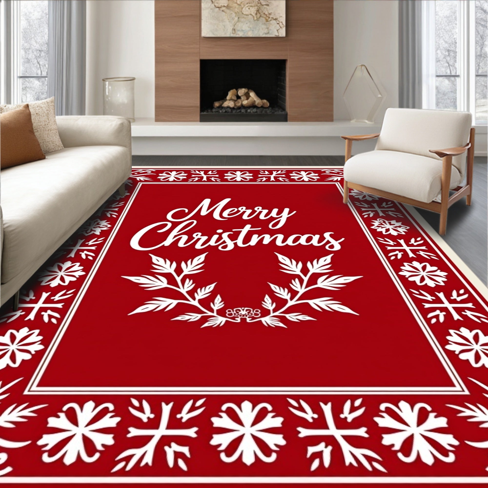 Crimson Snowflakes Holly Wreath Rug