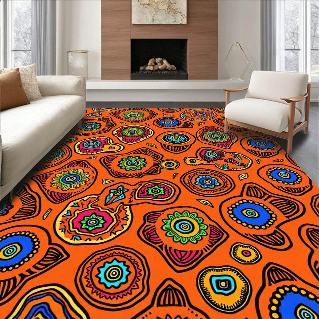 Vibrant Orange Folk Art Blooms Rug