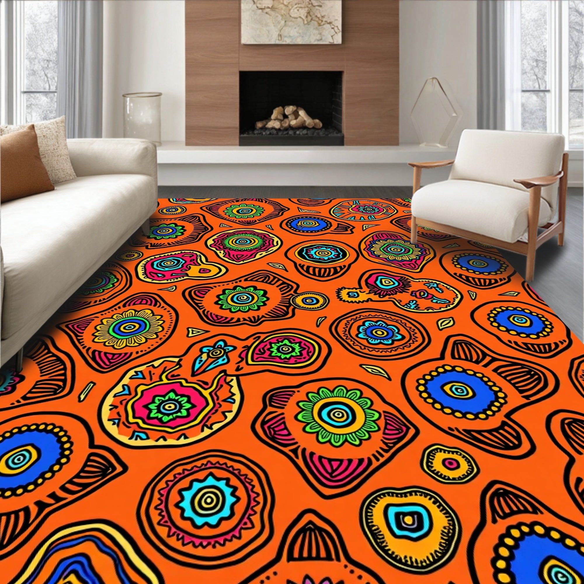 Vibrant Orange Folk Art Blooms Rug
