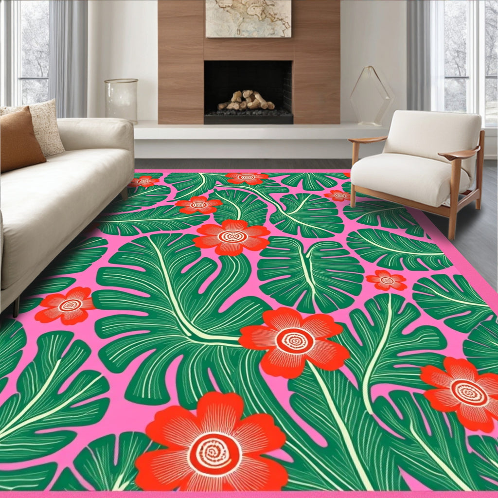 Vibrant tropical foliage with red flower accents Rug