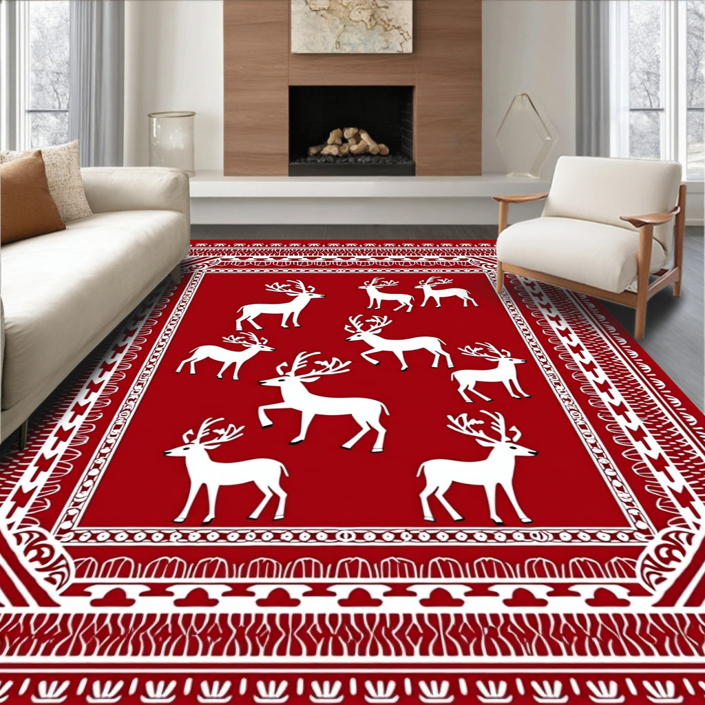 White Reindeer Red Border Rug