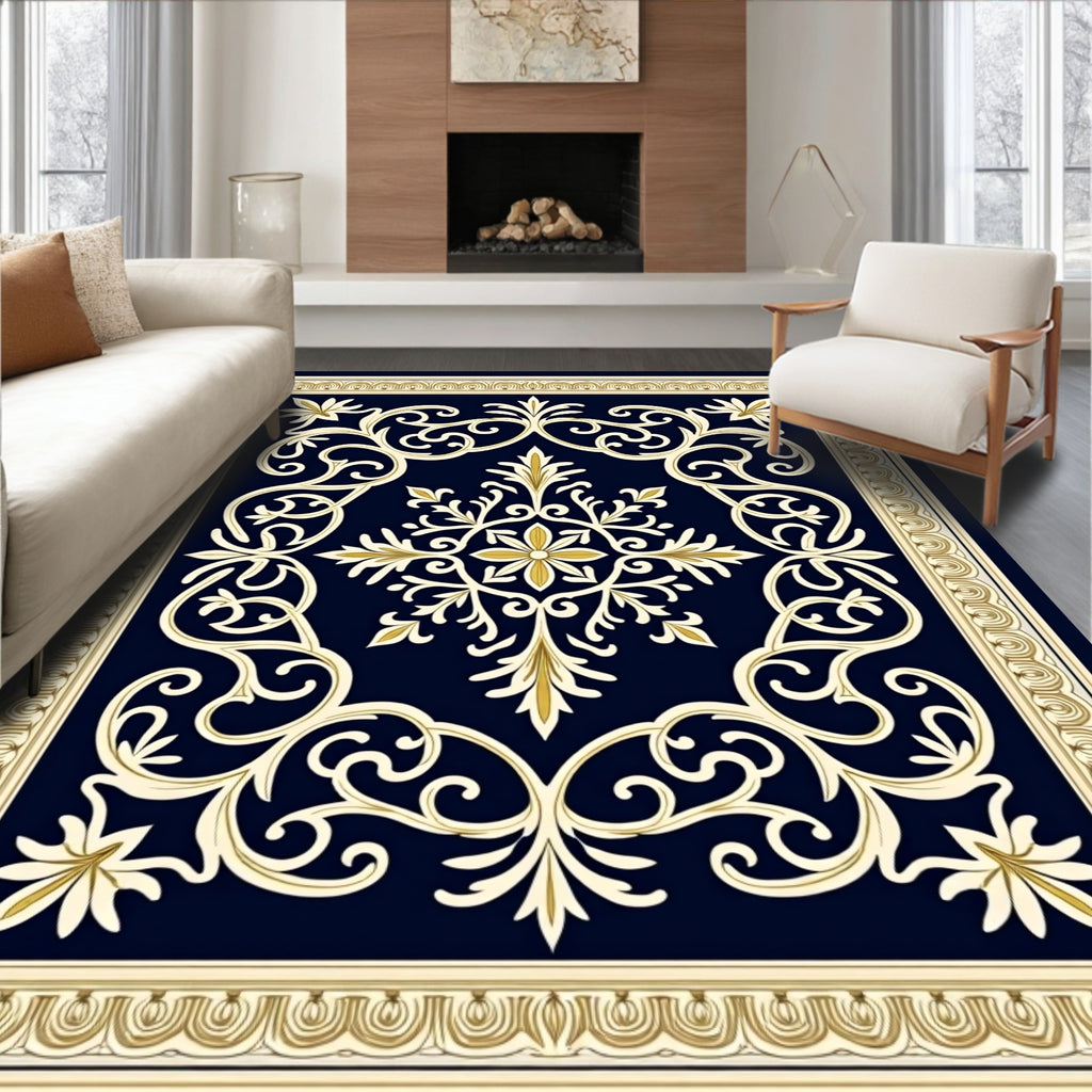 Navy Cream Ornate Scrollwork Medallion Rug