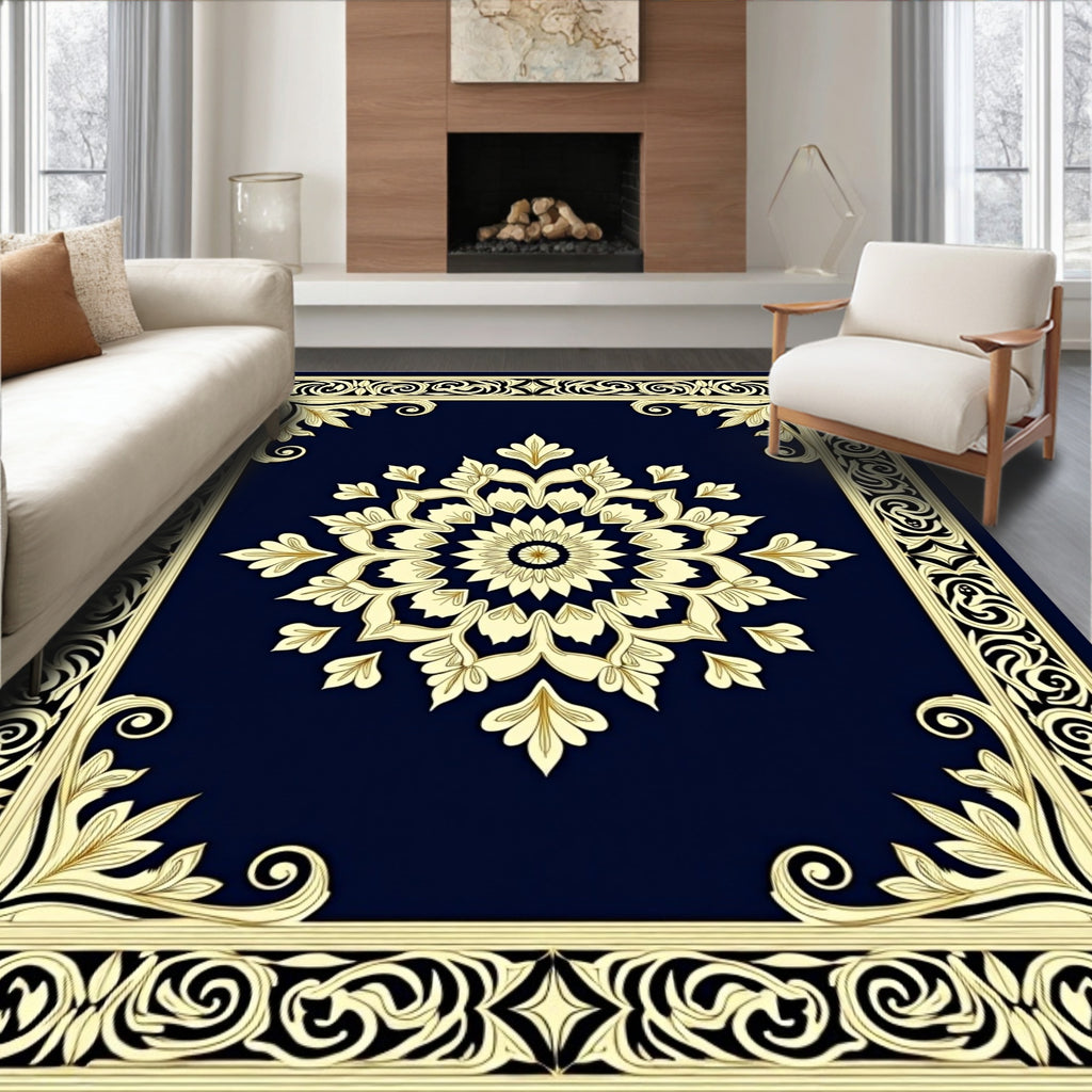 Classic Navy Golden Floral Medallion Rug