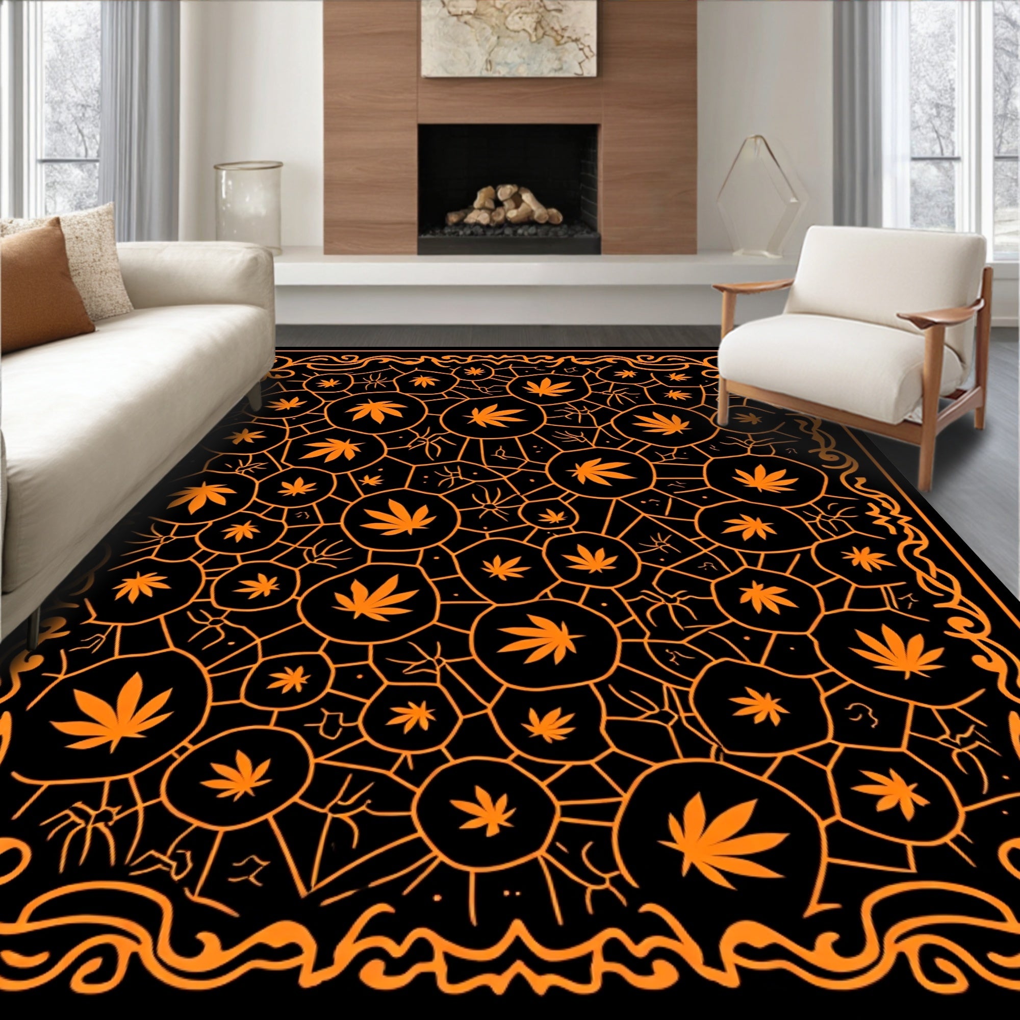 Orange Leaf Cell Network Border Rug
