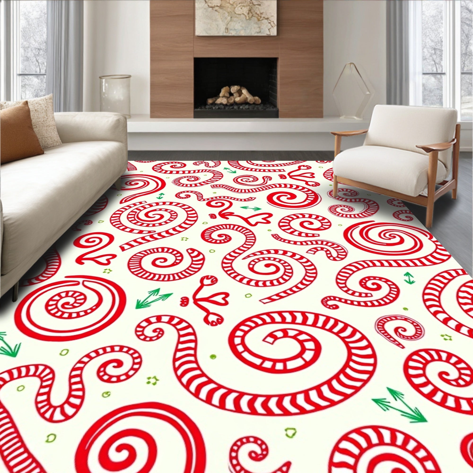 Red Swirled Stripe Whimsical Curlicue Rug