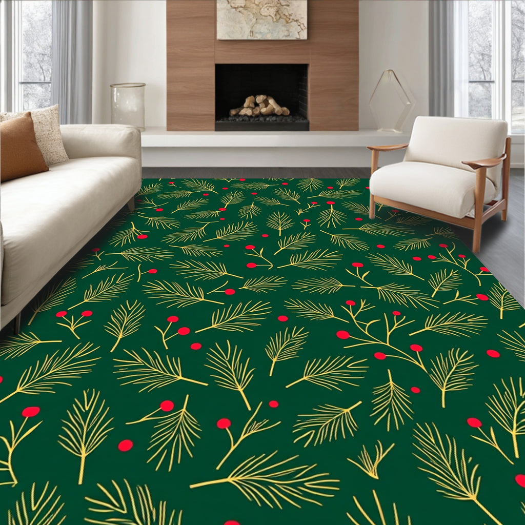 Green Pine Branches Red Berries Rug