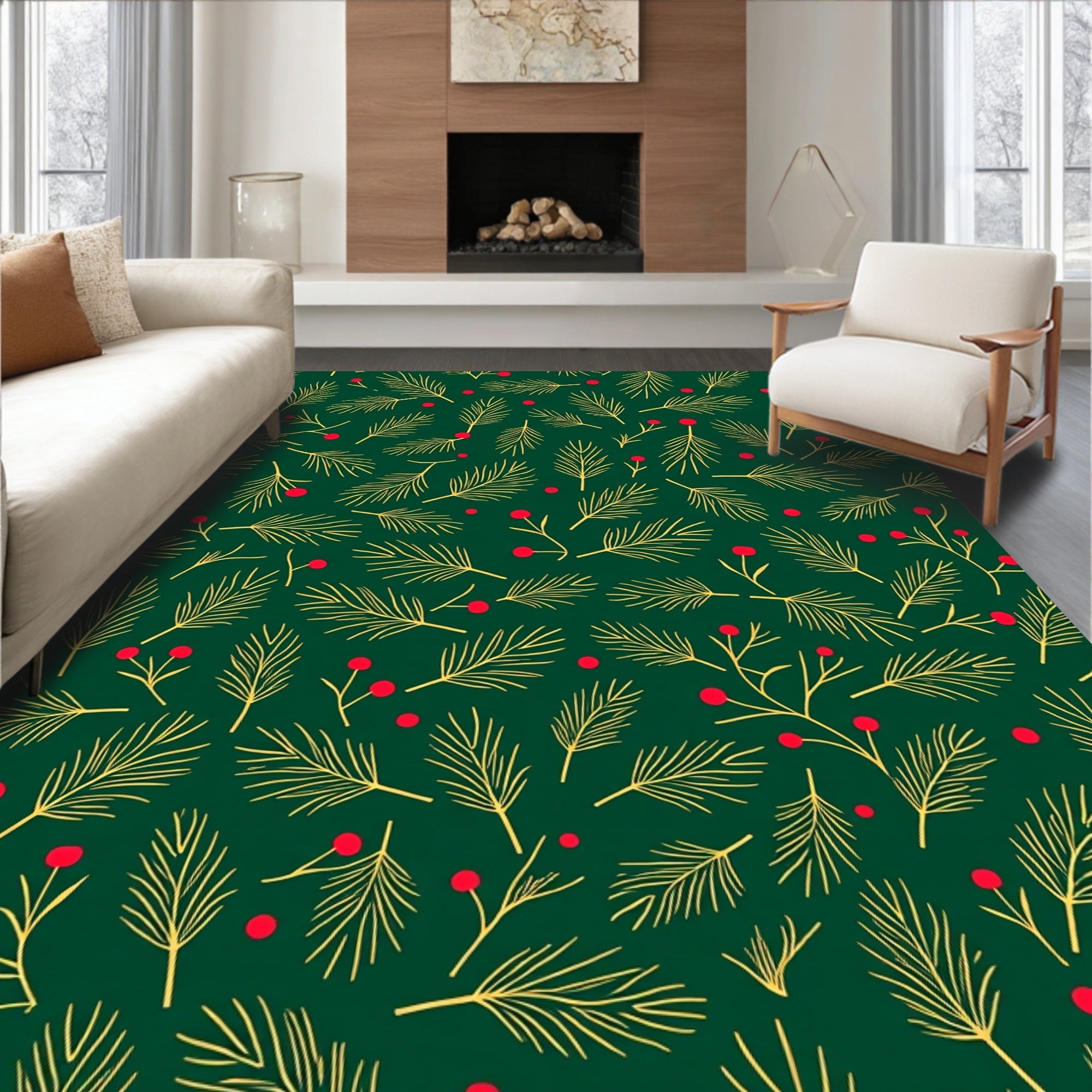 Green Pine Branches Red Berries Rug
