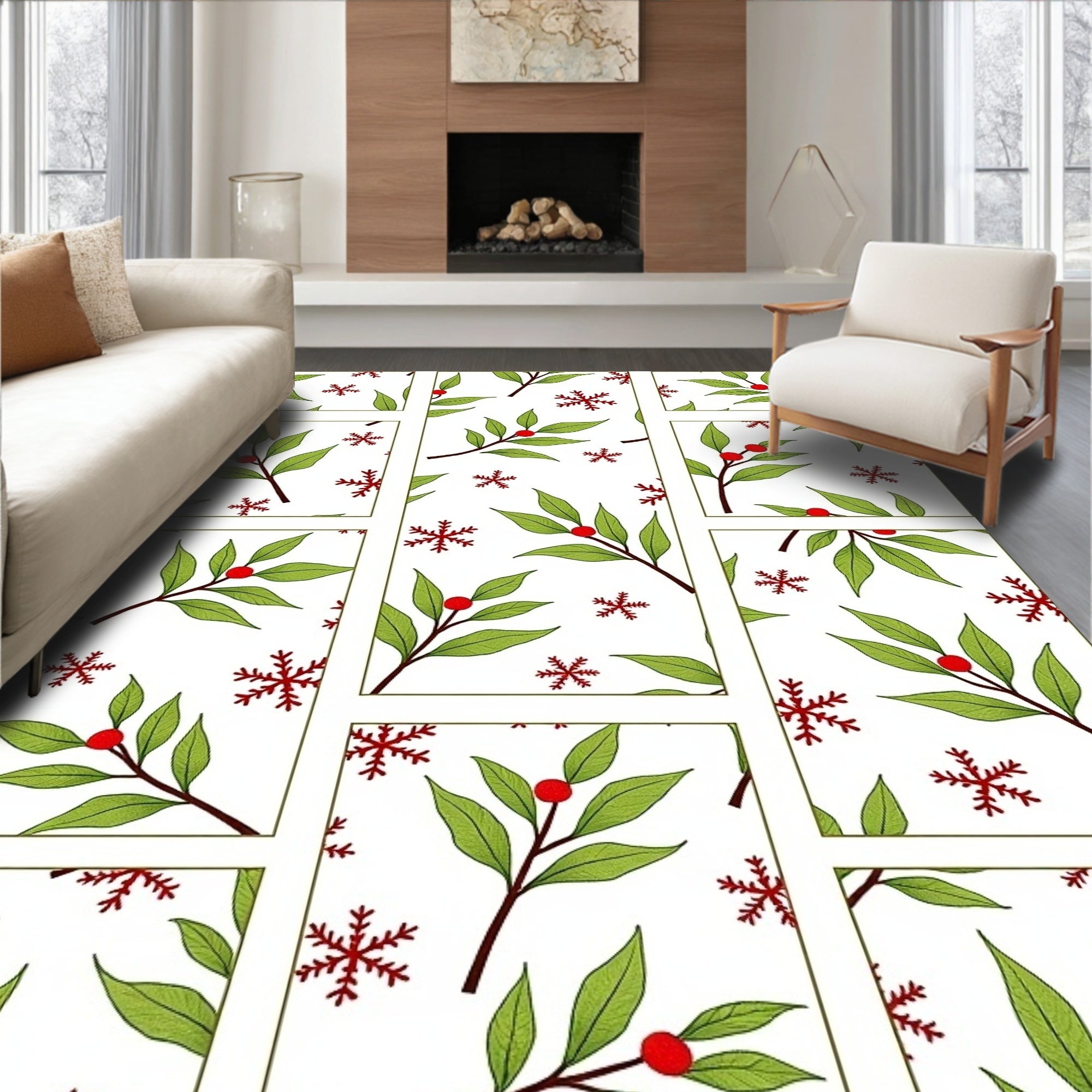 Red Snowflakes Green Holly Vines Rug