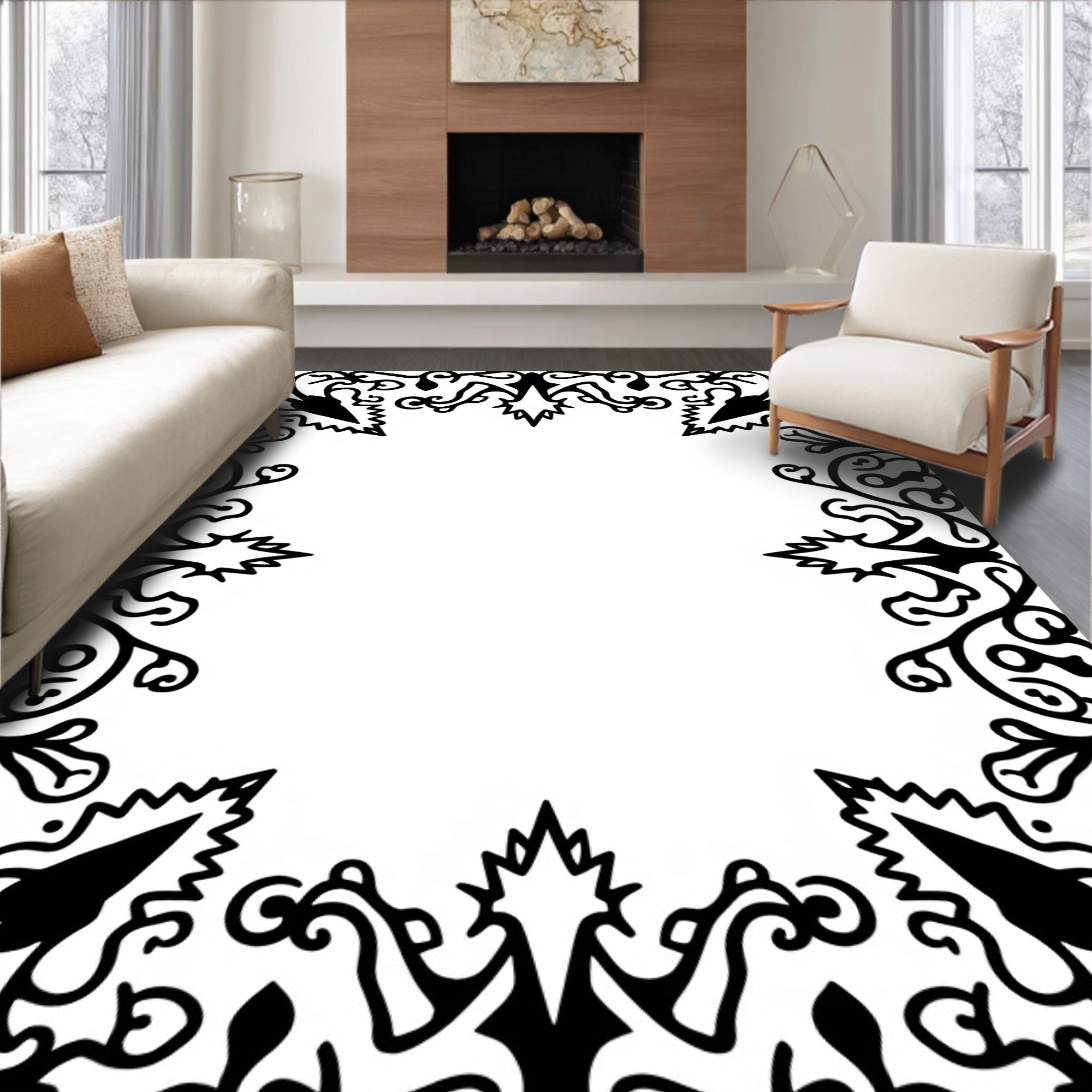 Classic Black Floral Scroll Border Rug