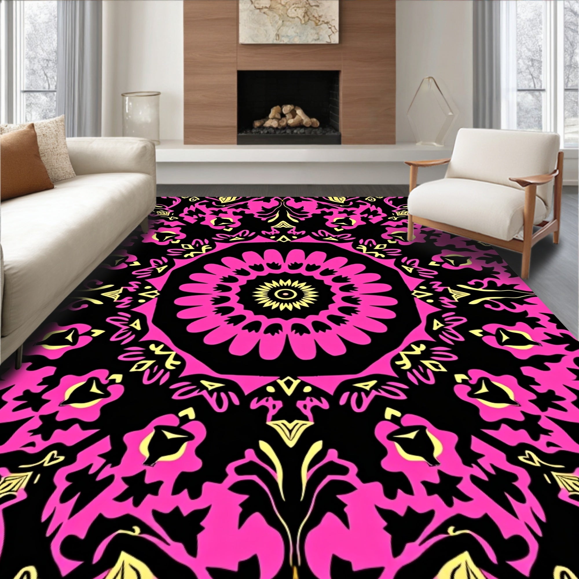 Vibrant Pink Symmetrical Floral Mandala Rug