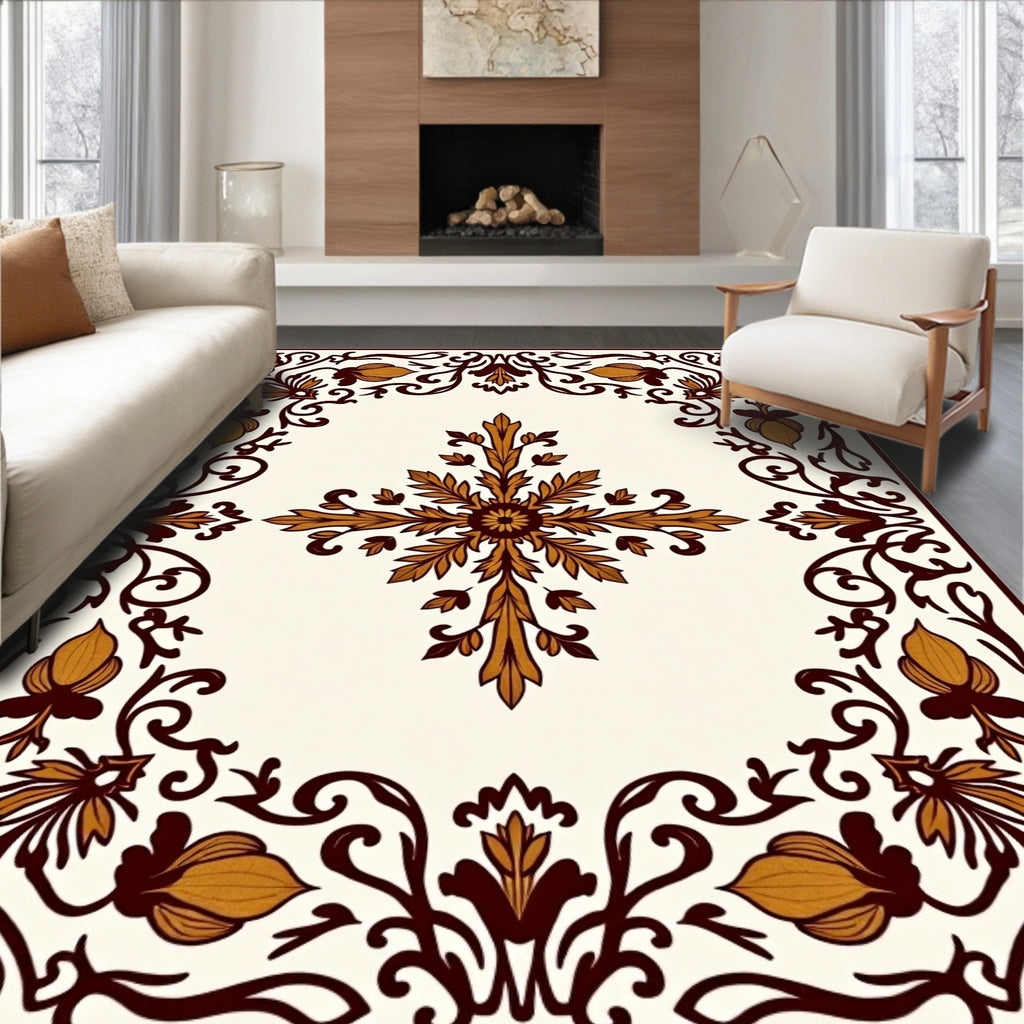 Gold and Brown Floral Scroll Border Rug