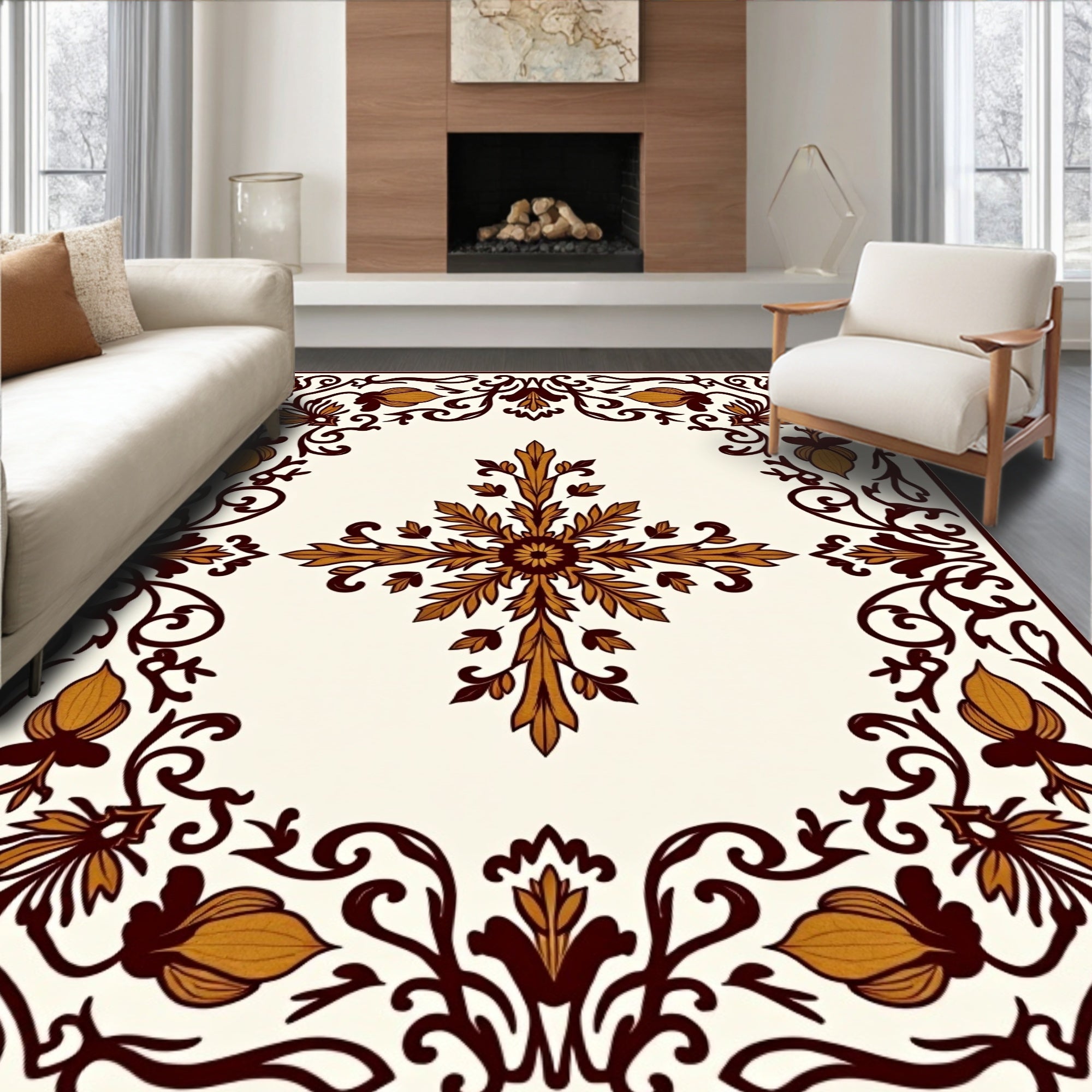 Gold and Brown Floral Scroll Border Rug
