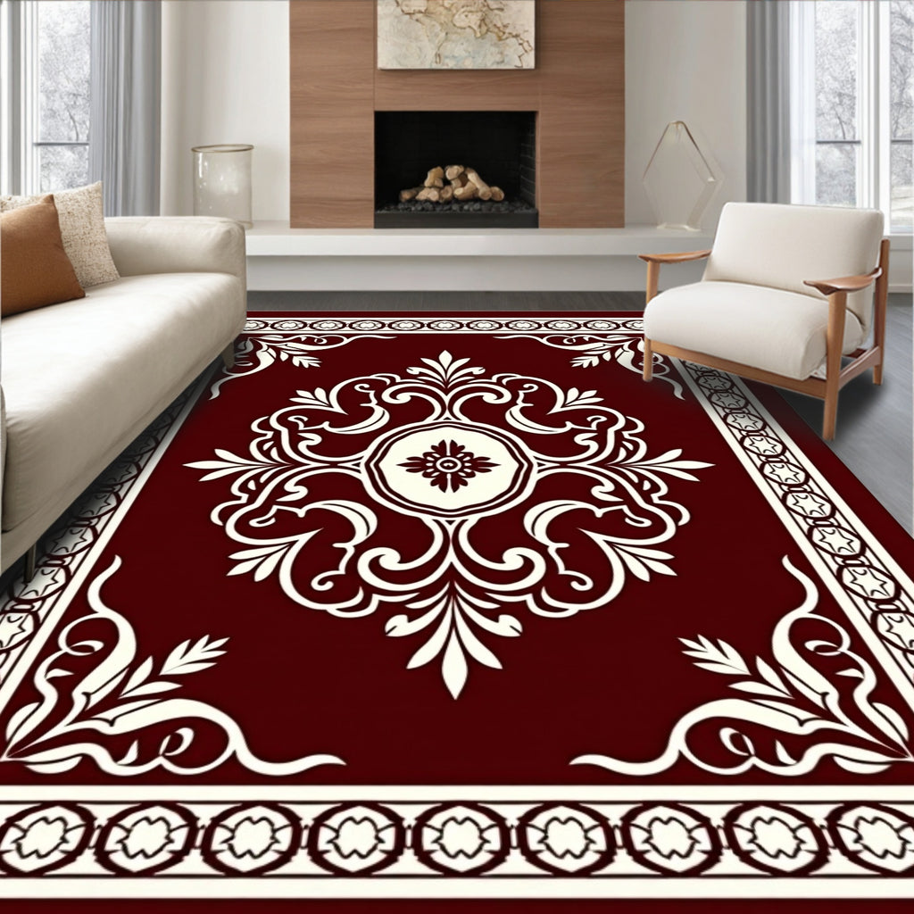 Deep Red Cream Ornamental Medallion Border Rug