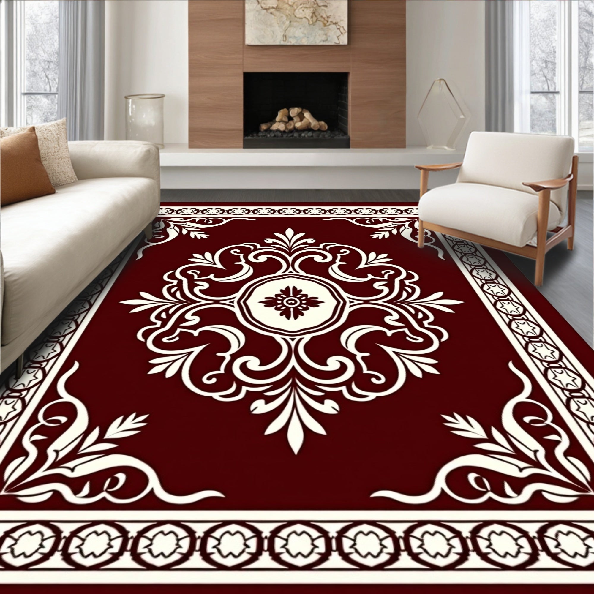 Deep Red Cream Ornamental Medallion Border Rug