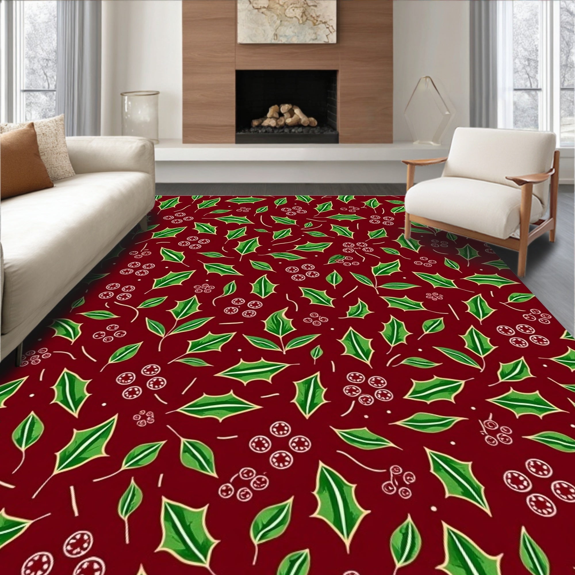 Christmas Red Green Holly Berry Swirls Rug