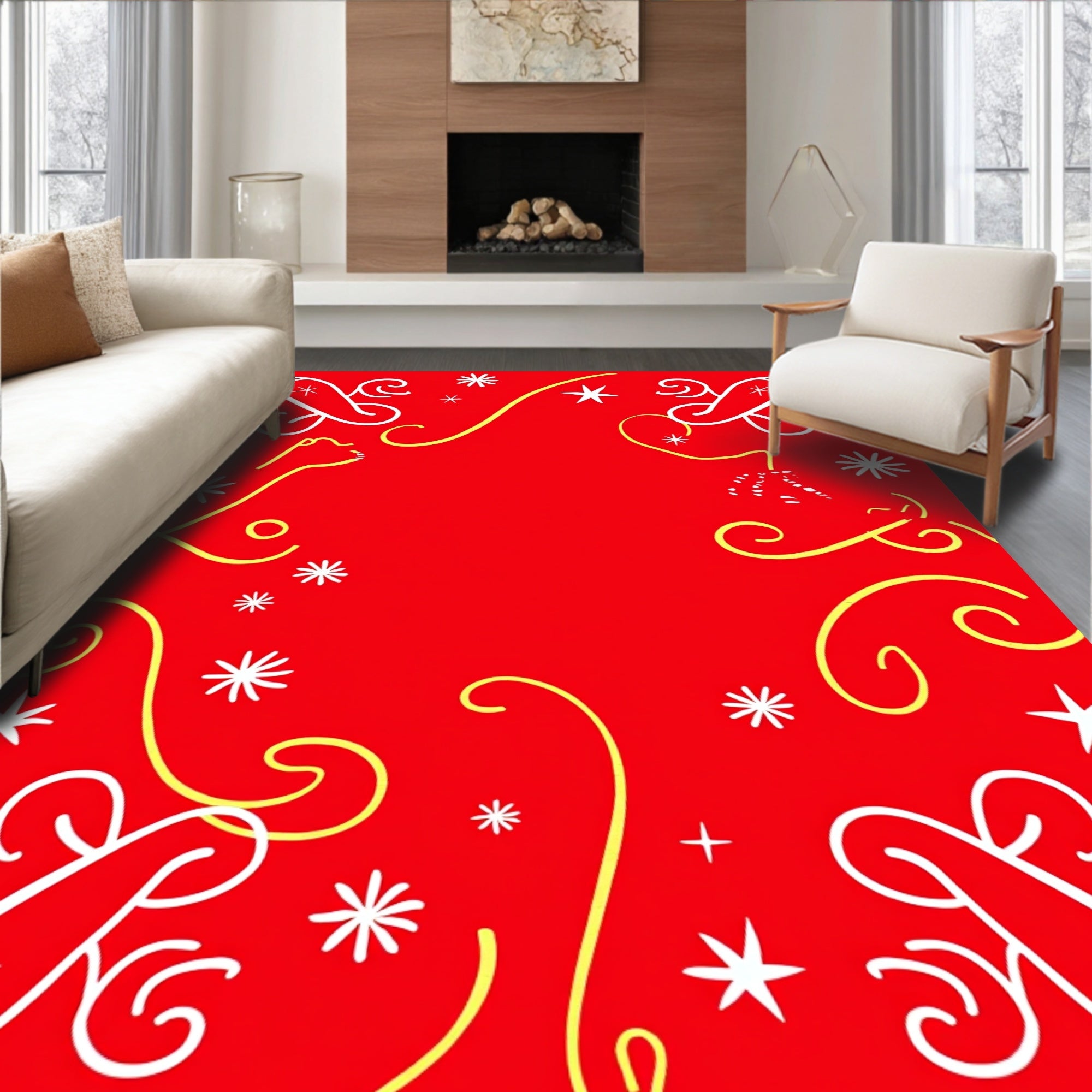 Crimson Red White Yellow Swirls Stars Rug