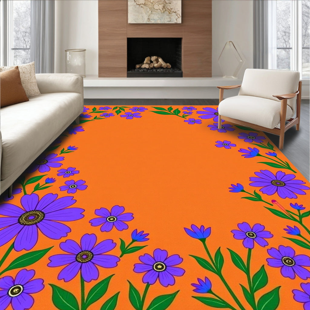 Groovy Purple Floral Border Orange Ground Rug