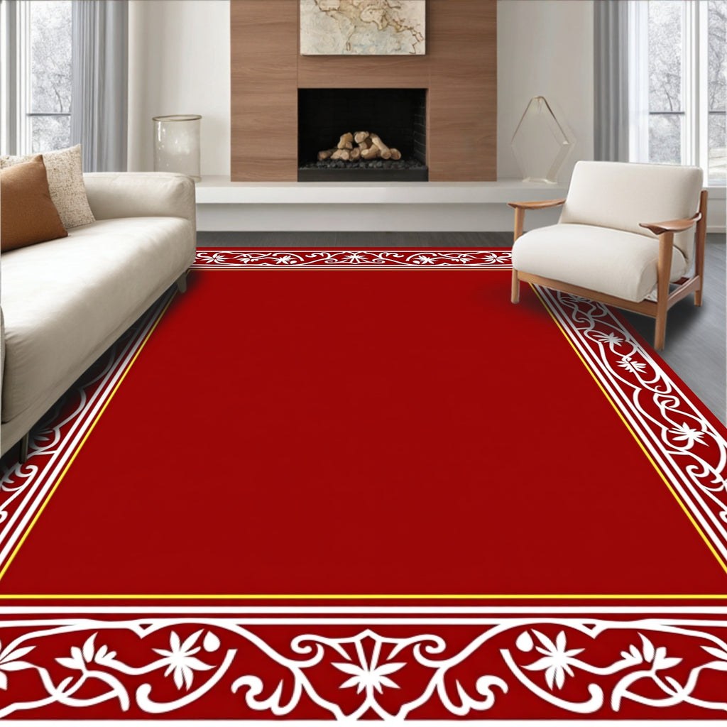 Rich Red Floral Vine Border Rug