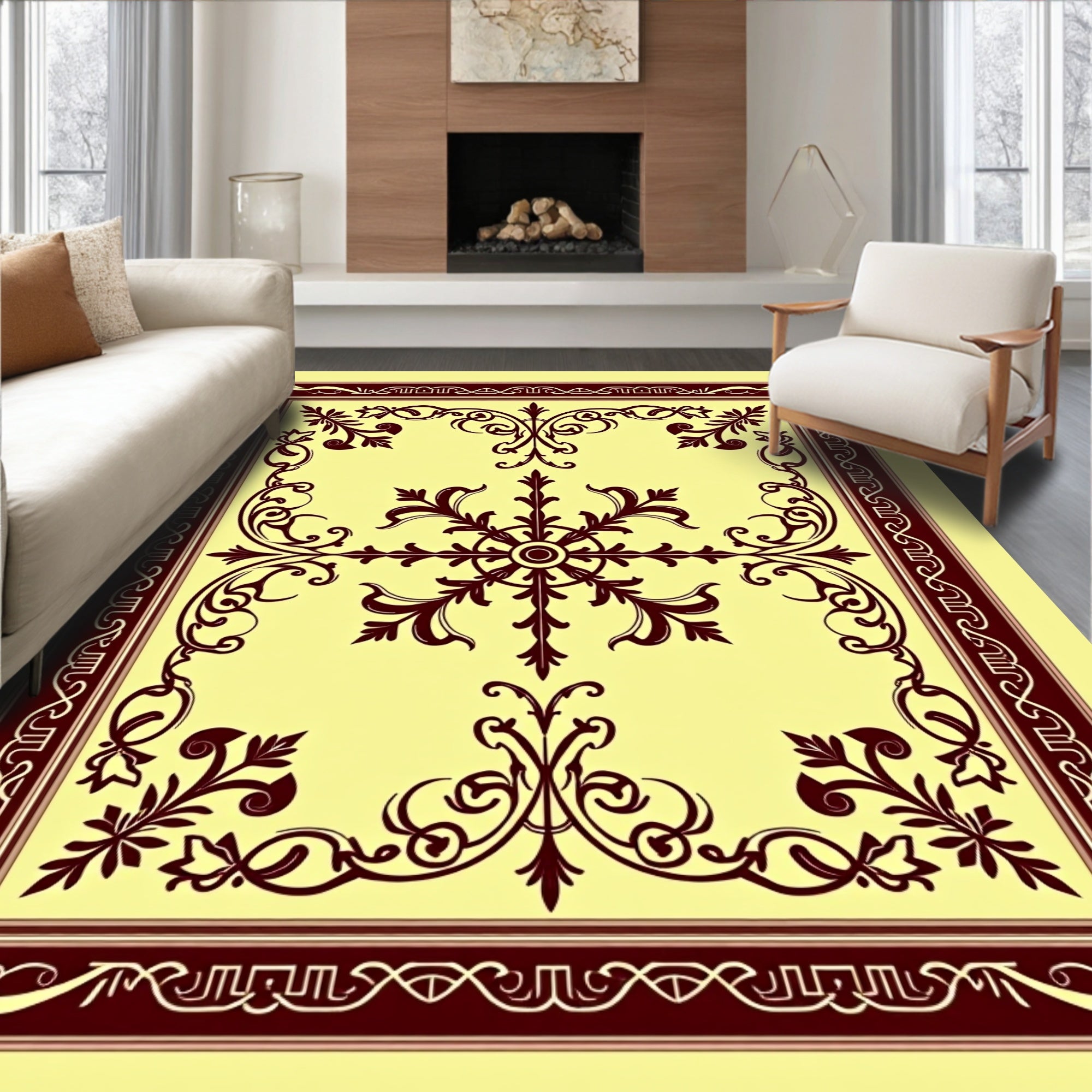 Maroon Swirl Medallion Light Yellow Rug