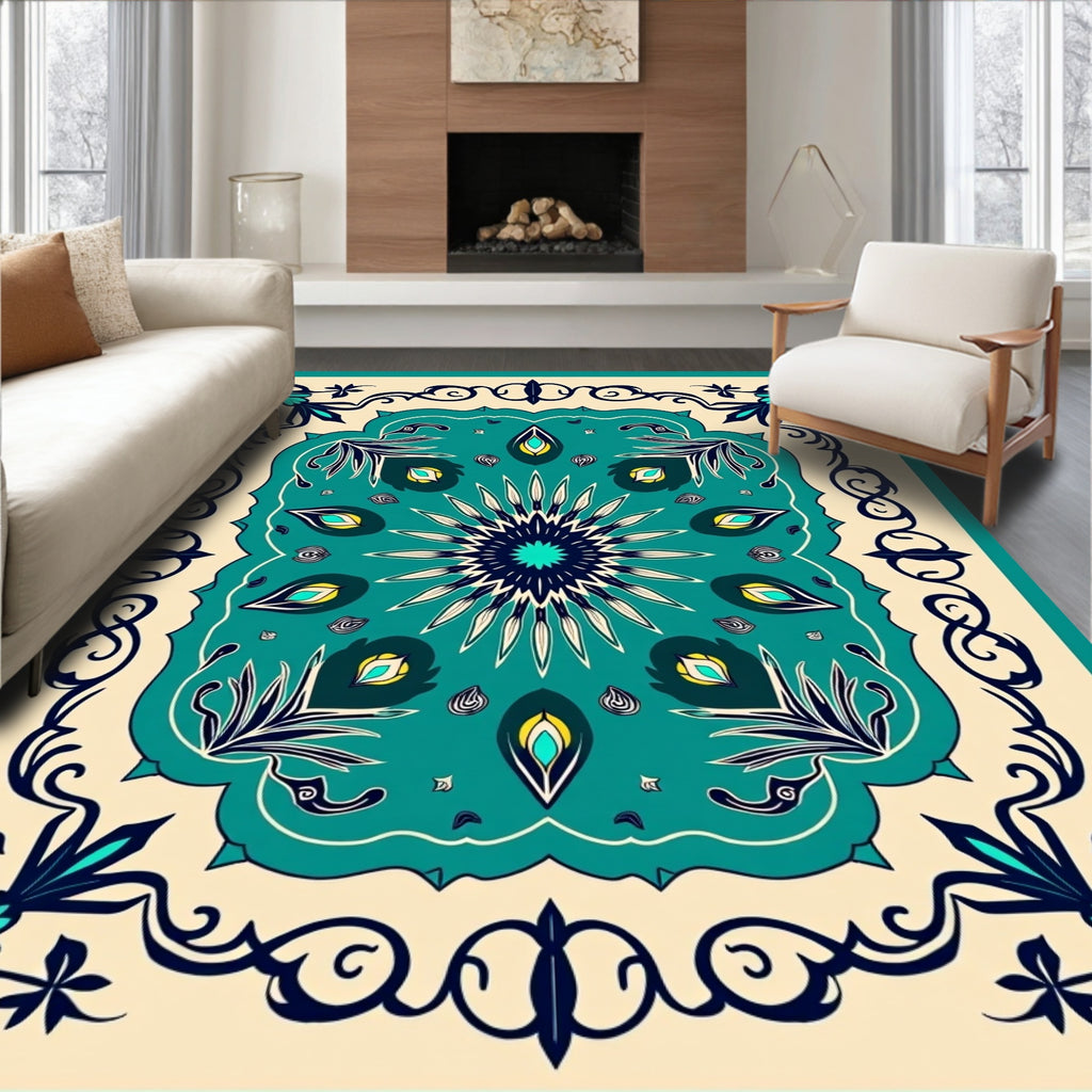 Turquoise Ivory Midnight Floral Mandala Rug