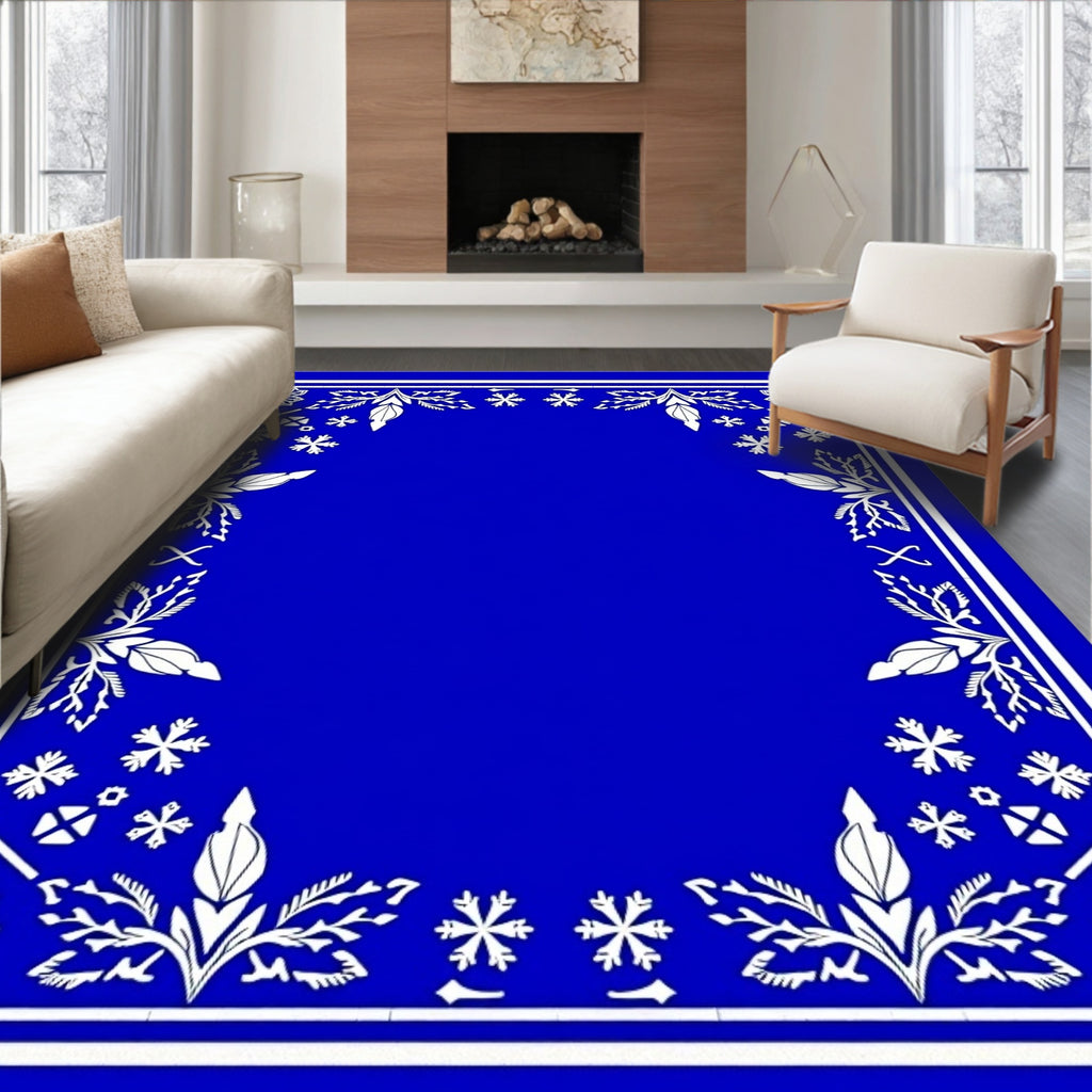Deep Blue White Botanical Floral Frame Rug