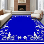 Deep Blue White Botanical Floral Frame Rug