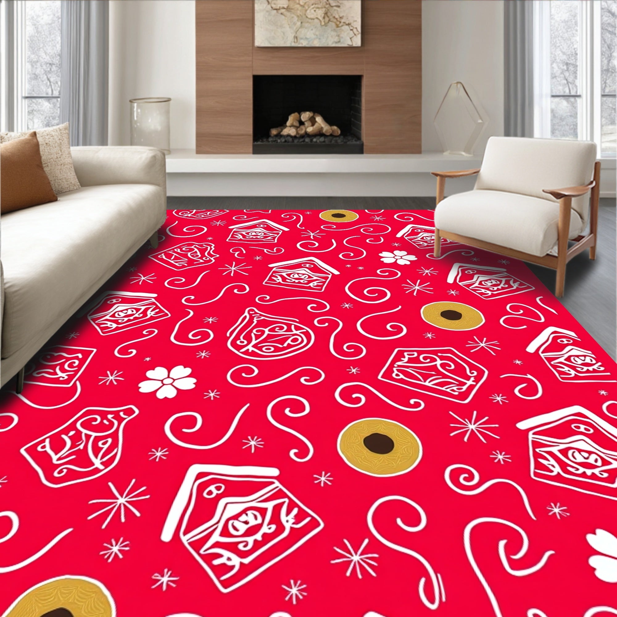 Red White Folk Art Houses Flowers Coin Rug