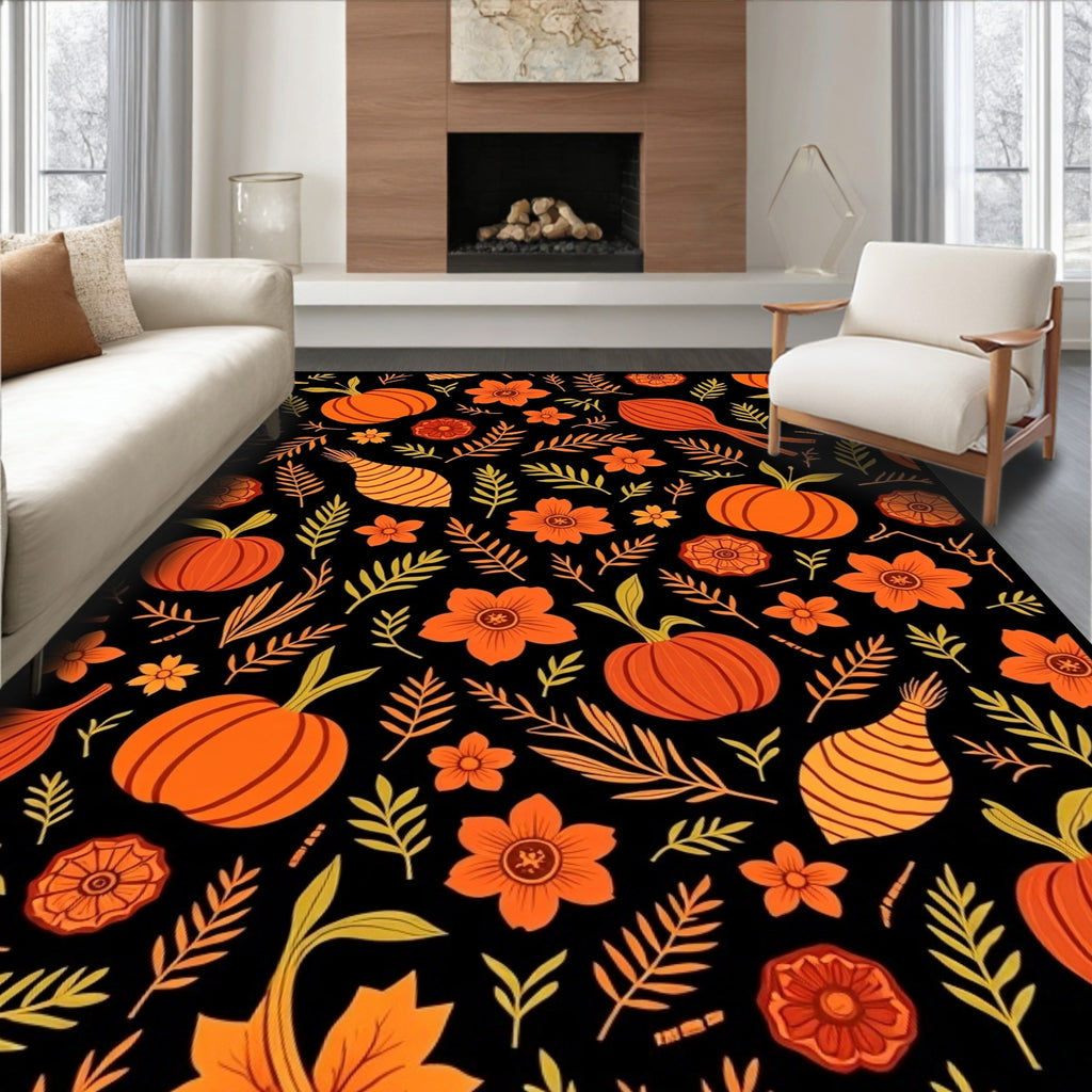 Harvest Orange Pumpkin Floral Accents Rug