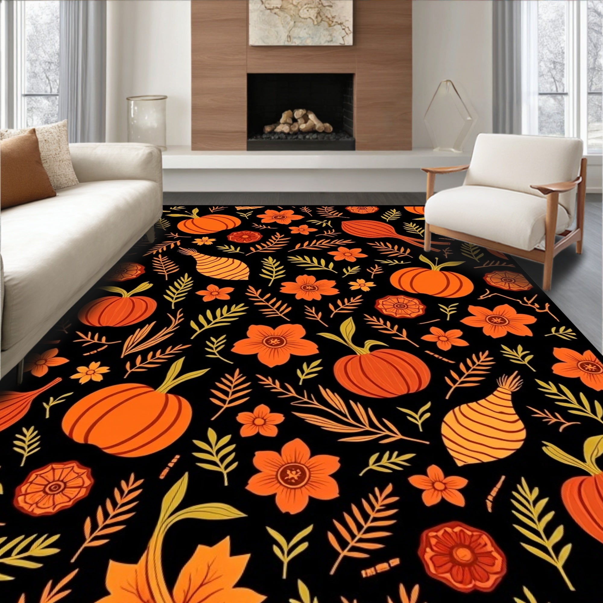 Harvest Orange Pumpkin Floral Accents Rug